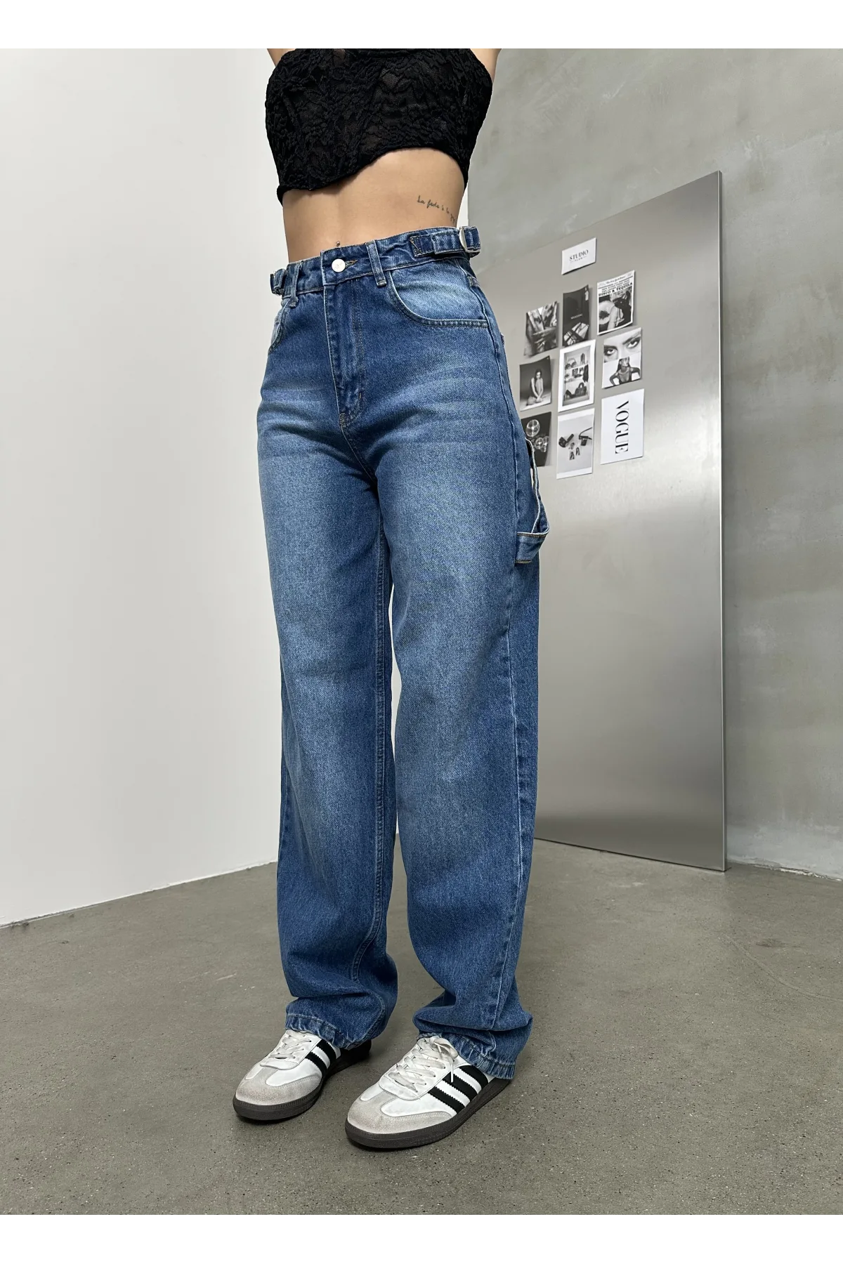 Mavi Palaska Tokalı Yıkamalı Baggy Geniş Paça Yüksek Bel Oturtmalı Jean Kot Pantolon