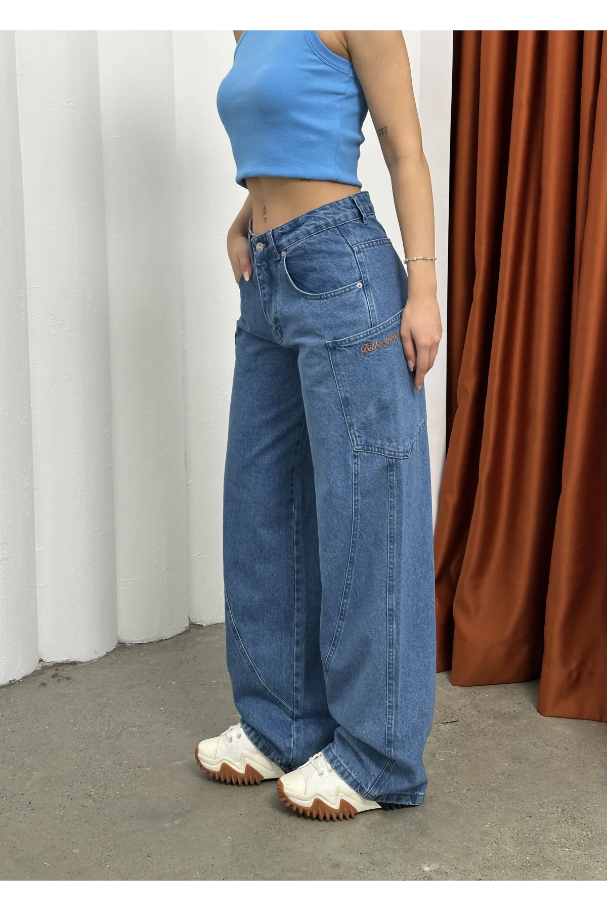 Mavi Retro Baggy Çok Cepli Geniş Kalıp Bel Oturtmalı Kot Jeans Pantolon