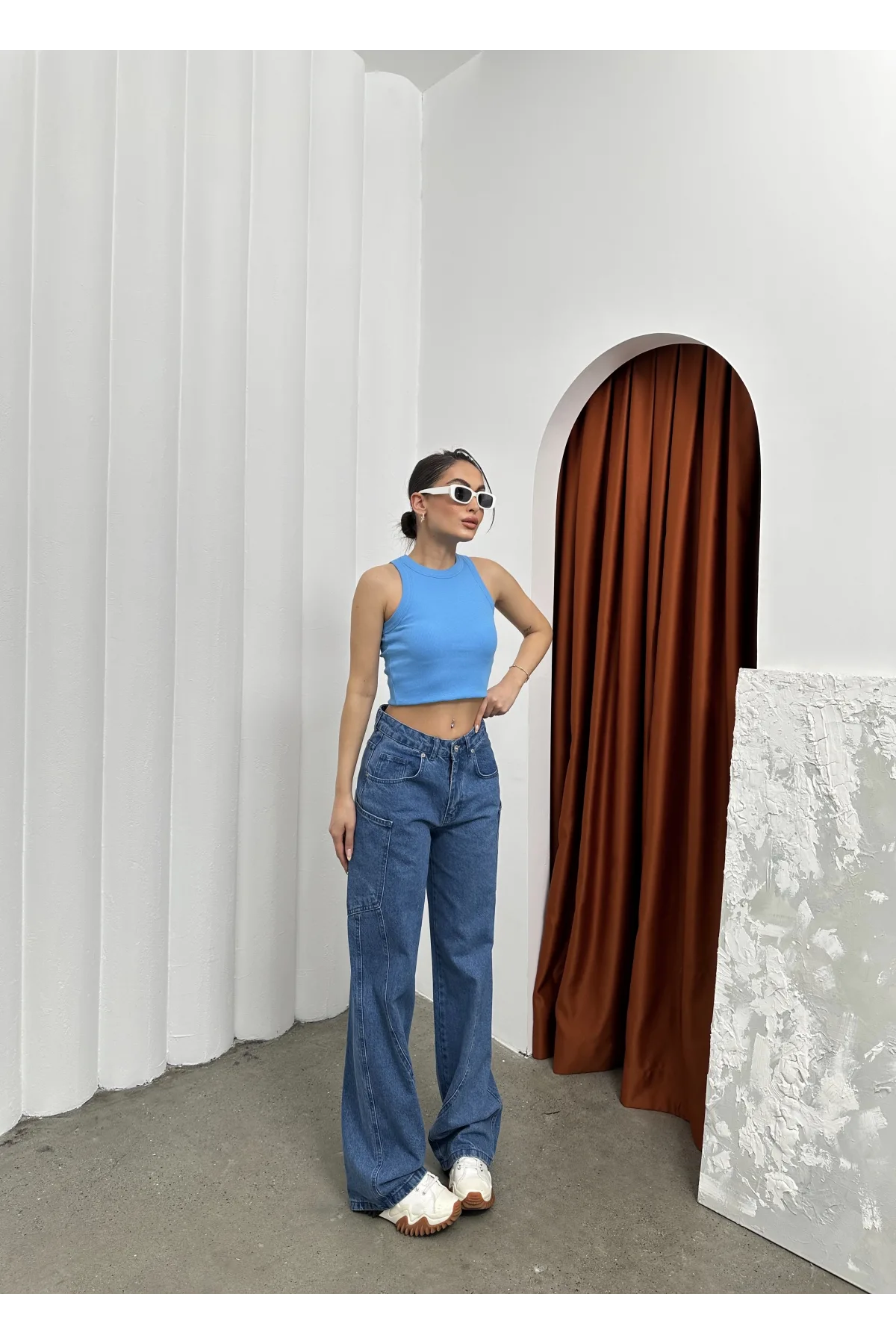 Mavi Retro Baggy Çok Cepli Geniş Kalıp Bel Oturtmalı Kot Jeans Pantolon