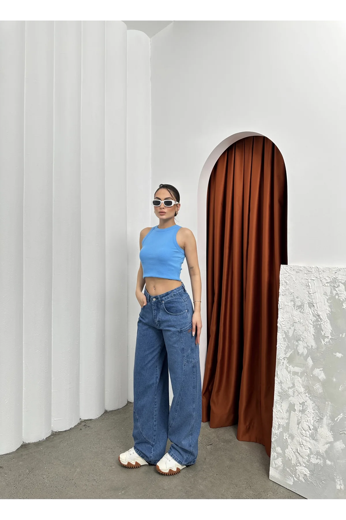 Mavi Retro Baggy Çok Cepli Geniş Kalıp Bel Oturtmalı Kot Jeans Pantolon