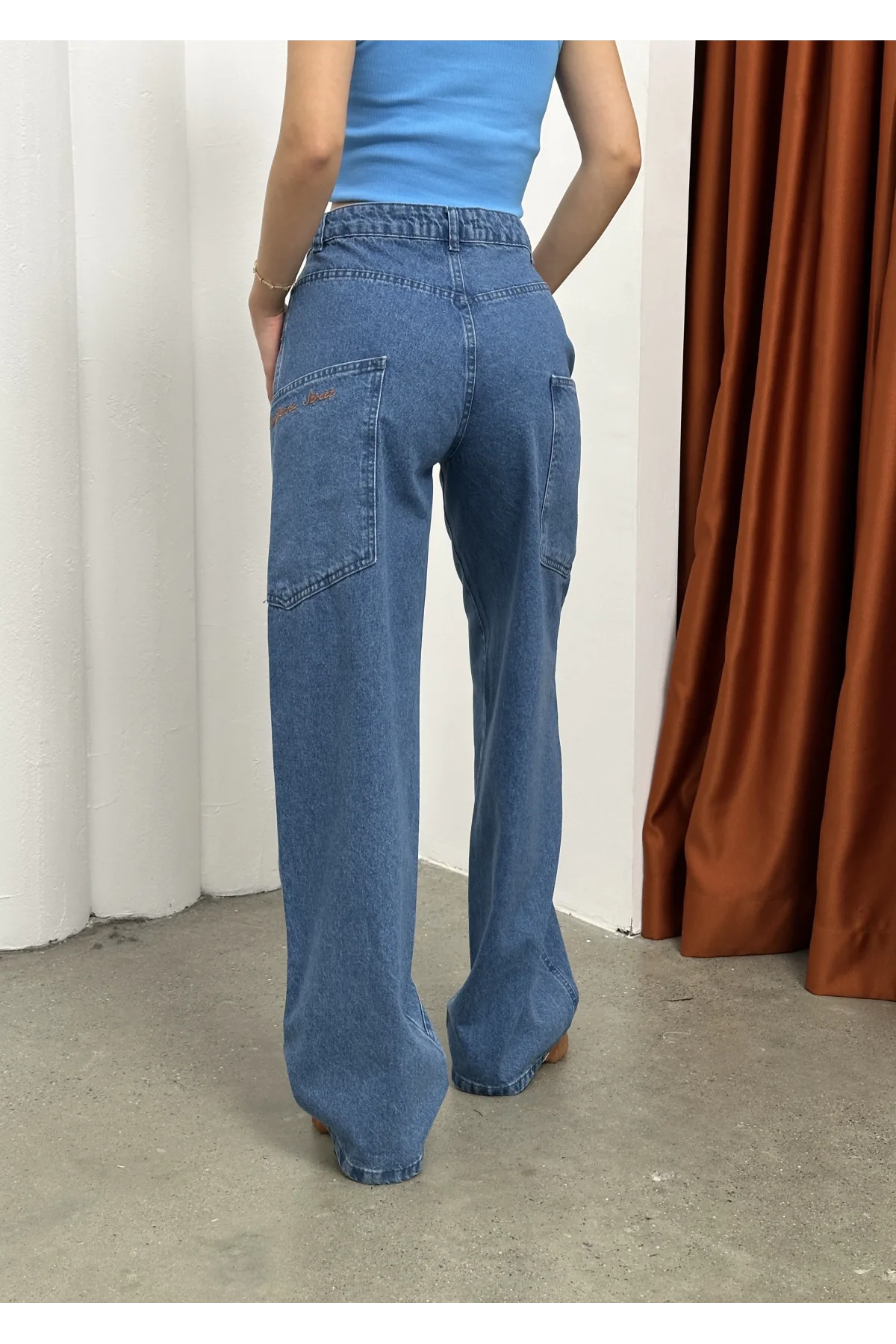 Mavi Retro Baggy Çok Cepli Geniş Kalıp Bel Oturtmalı Kot Jeans Pantolon
