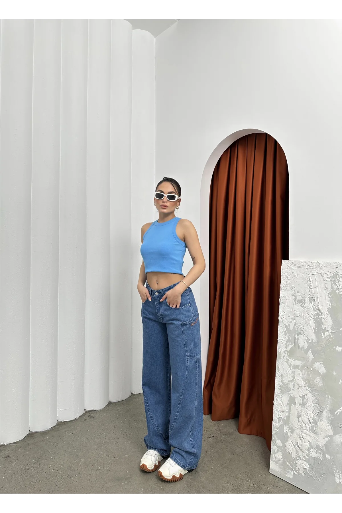 Mavi Retro Baggy Çok Cepli Geniş Kalıp Bel Oturtmalı Kot Jeans Pantolon