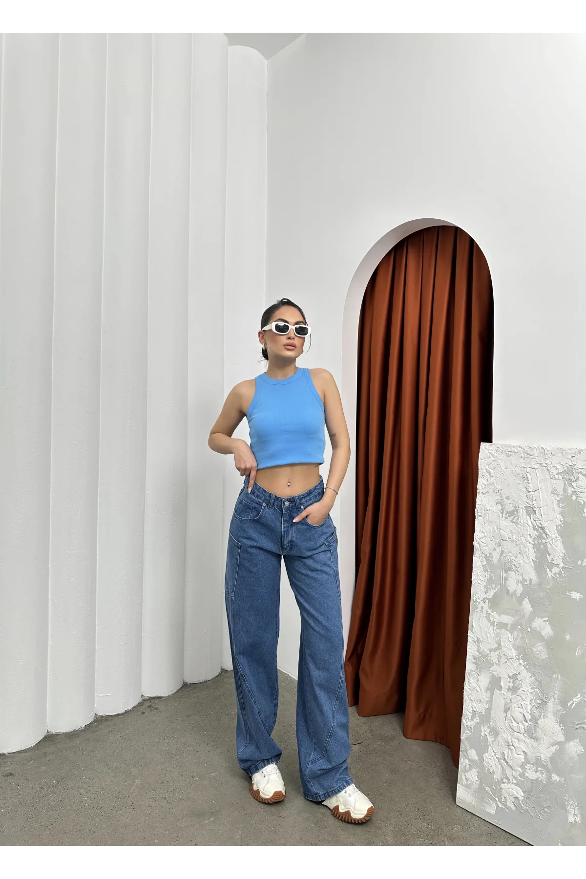 Mavi Retro Baggy Çok Cepli Geniş Kalıp Bel Oturtmalı Kot Jeans Pantolon