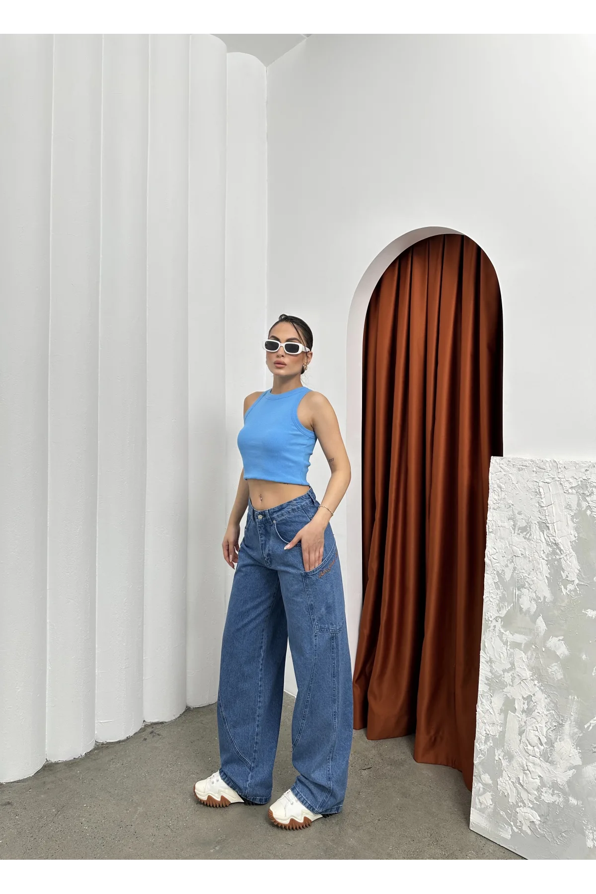 Mavi Retro Baggy Çok Cepli Geniş Kalıp Bel Oturtmalı Kot Jeans Pantolon