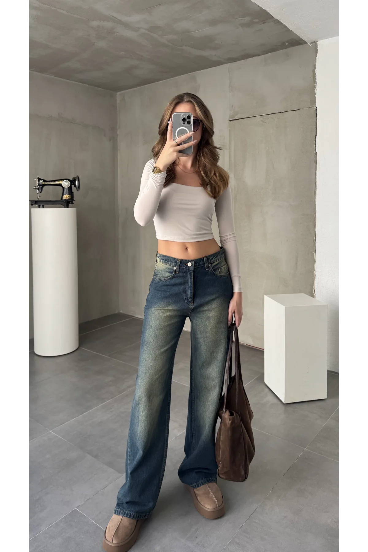 Mavi Yeşil Yıkamalı Baggy Geniş Paça Yüksek Bel Wide Leg Jean Kot Pantolon
