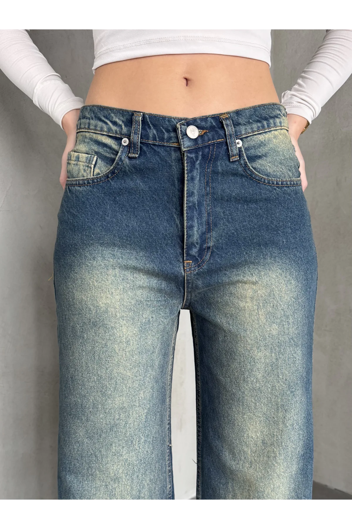 Mavi Yeşil Yıkamalı Baggy Geniş Paça Yüksek Bel Wide Leg Jean Kot Pantolon