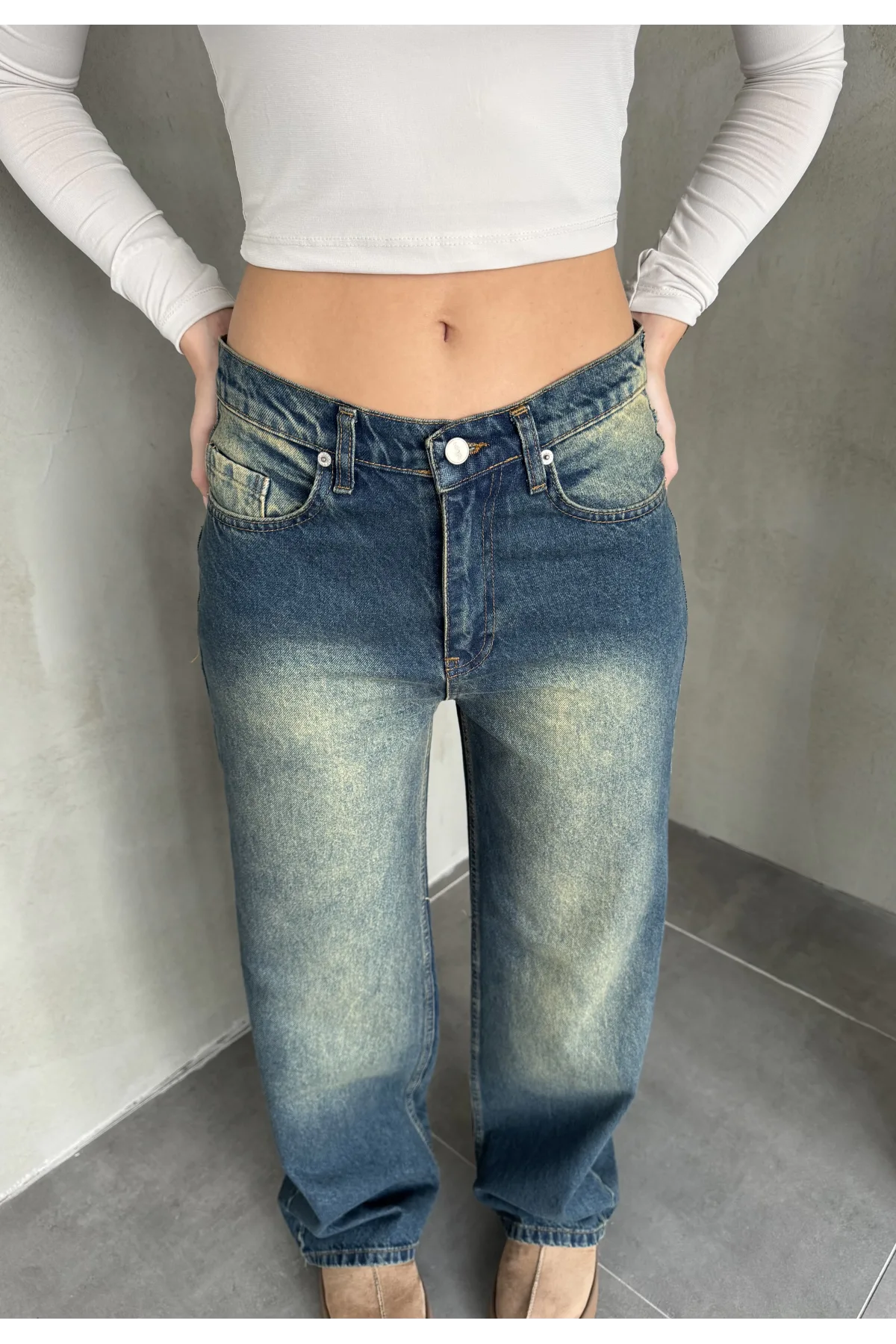 Mavi Yeşil Yıkamalı Baggy Geniş Paça Yüksek Bel Wide Leg Jean Kot Pantolon