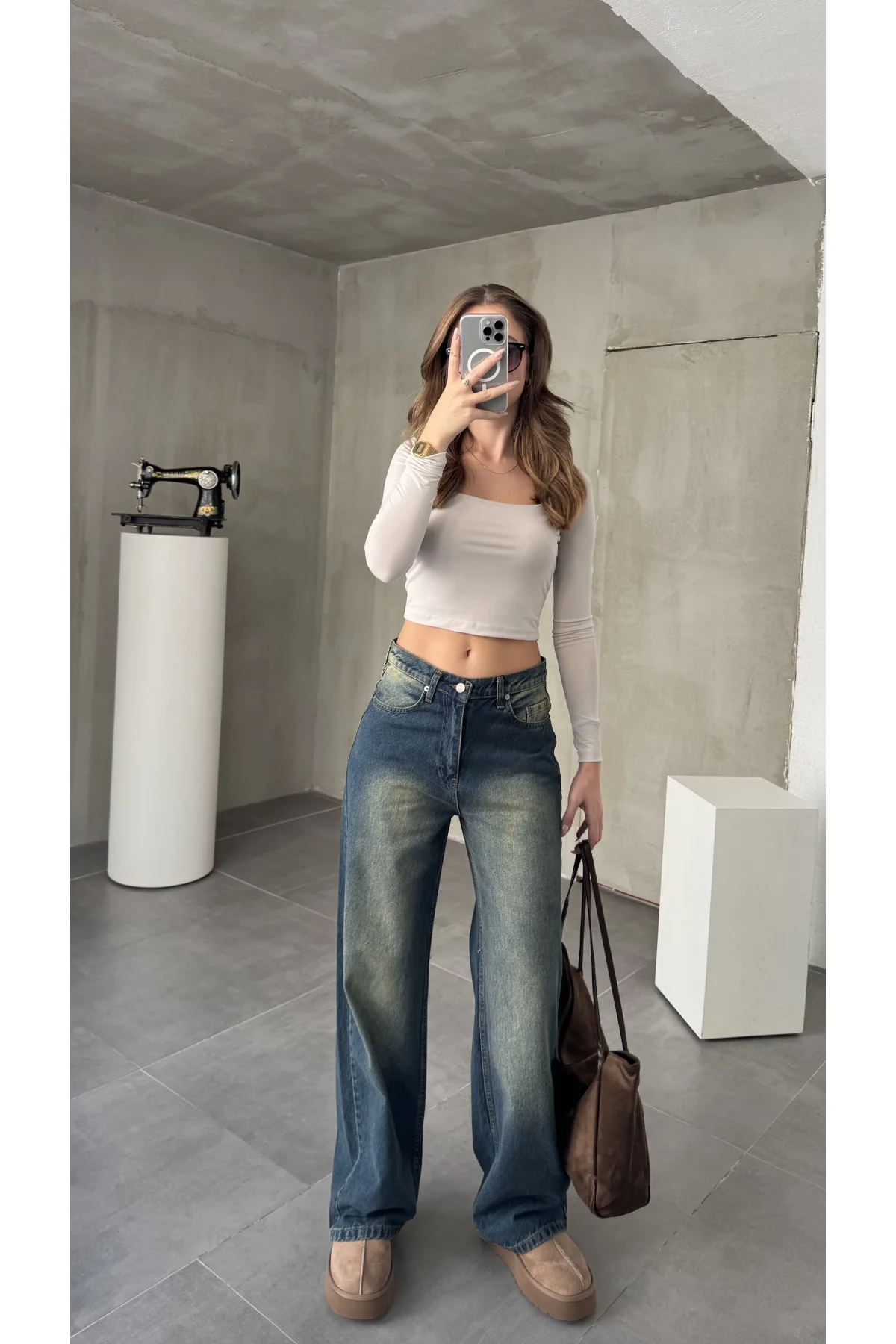 Mavi Yeşil Yıkamalı Baggy Geniş Paça Yüksek Bel Wide Leg Jean Kot Pantolon