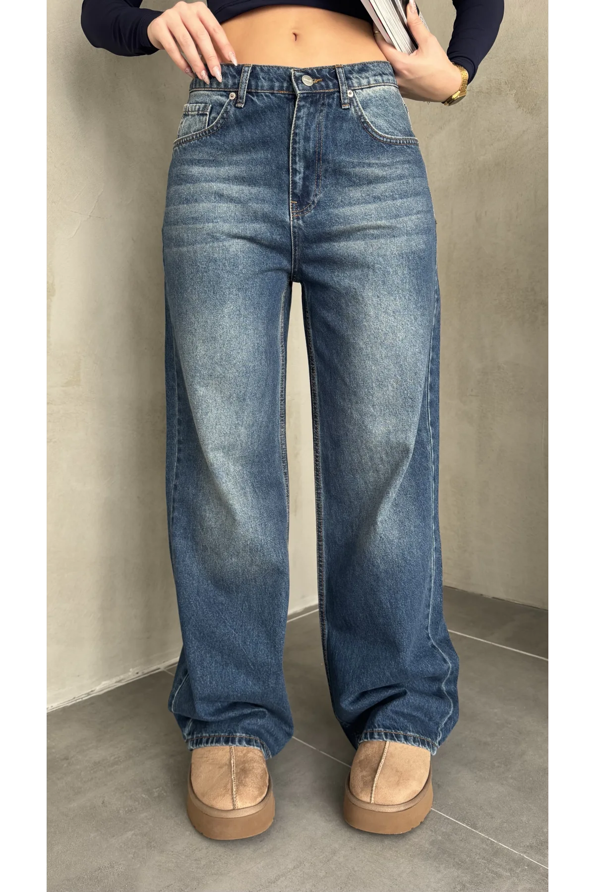 Mavi Yıkamalı Baggy Geniş Paça Yüksek Bel Wide Leg Jean Kot Pantolon