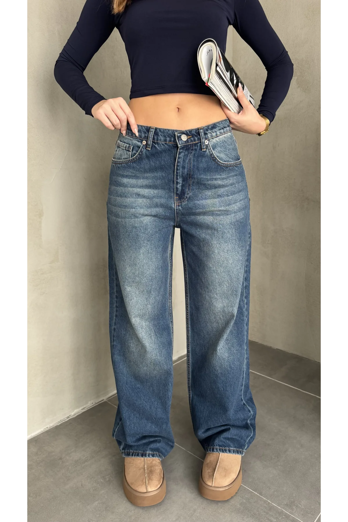 Mavi Yıkamalı Baggy Geniş Paça Yüksek Bel Wide Leg Jean Kot Pantolon