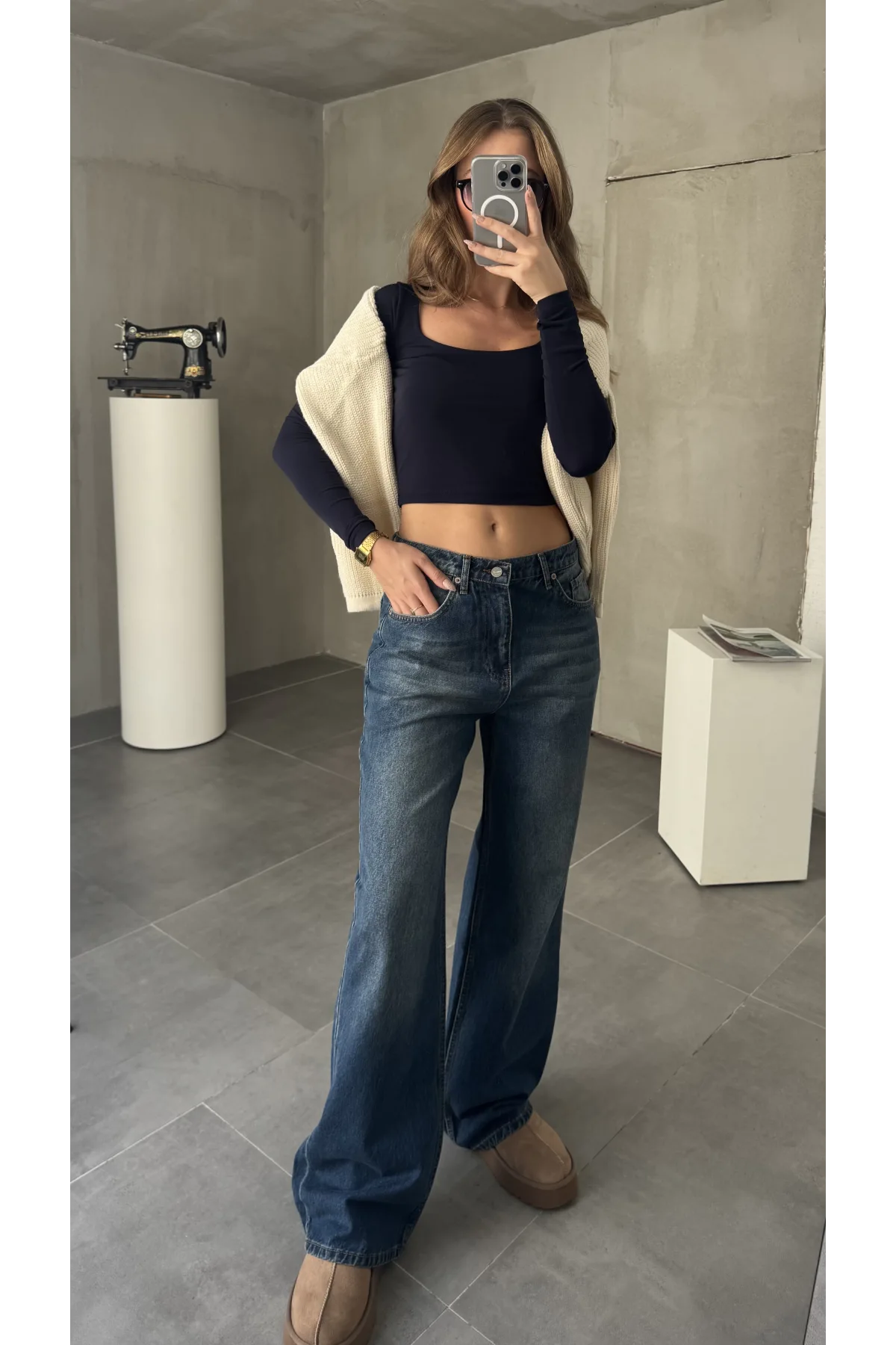 Mavi Yıkamalı Baggy Geniş Paça Yüksek Bel Wide Leg Jean Kot Pantolon