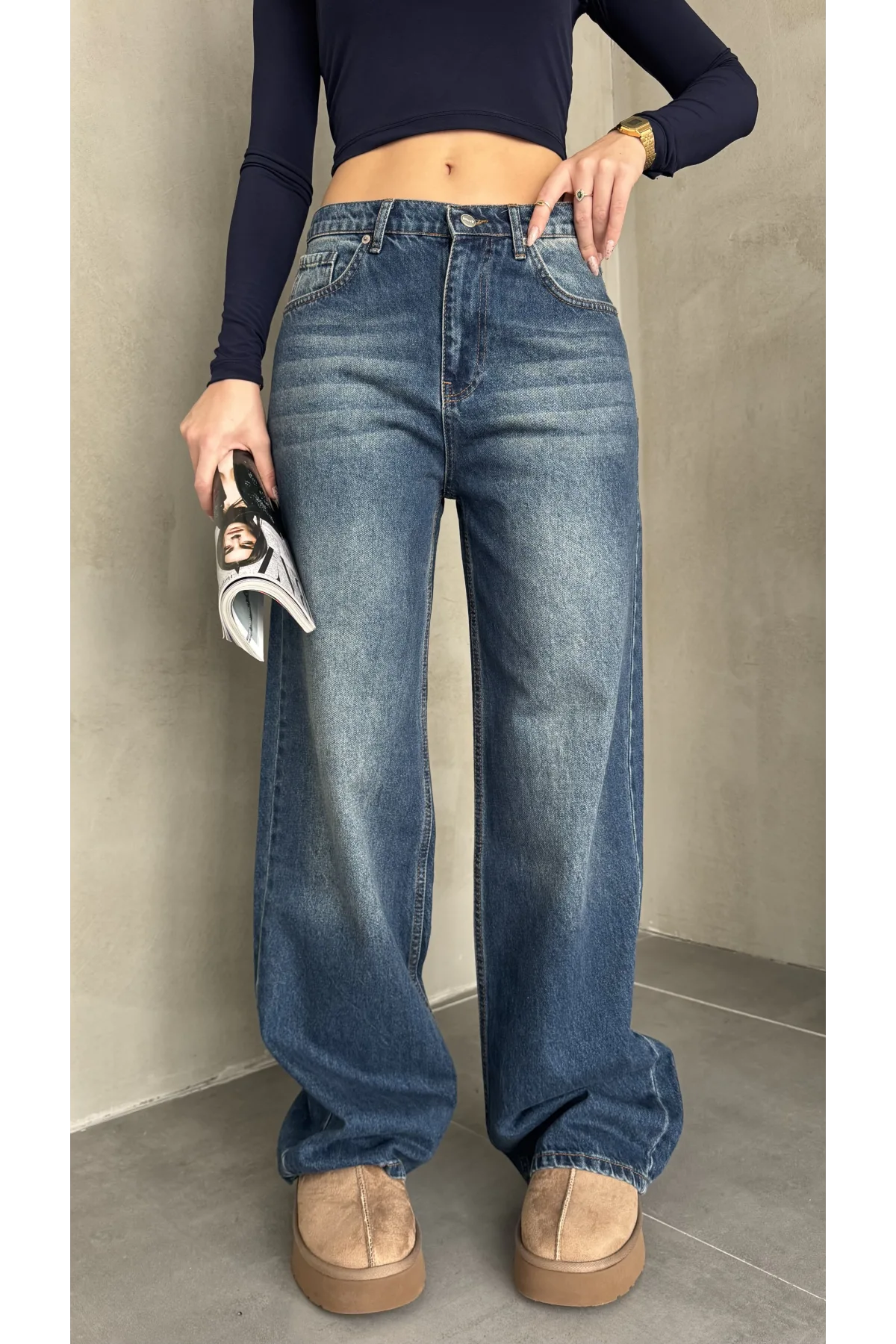 Mavi Yıkamalı Baggy Geniş Paça Yüksek Bel Wide Leg Jean Kot Pantolon