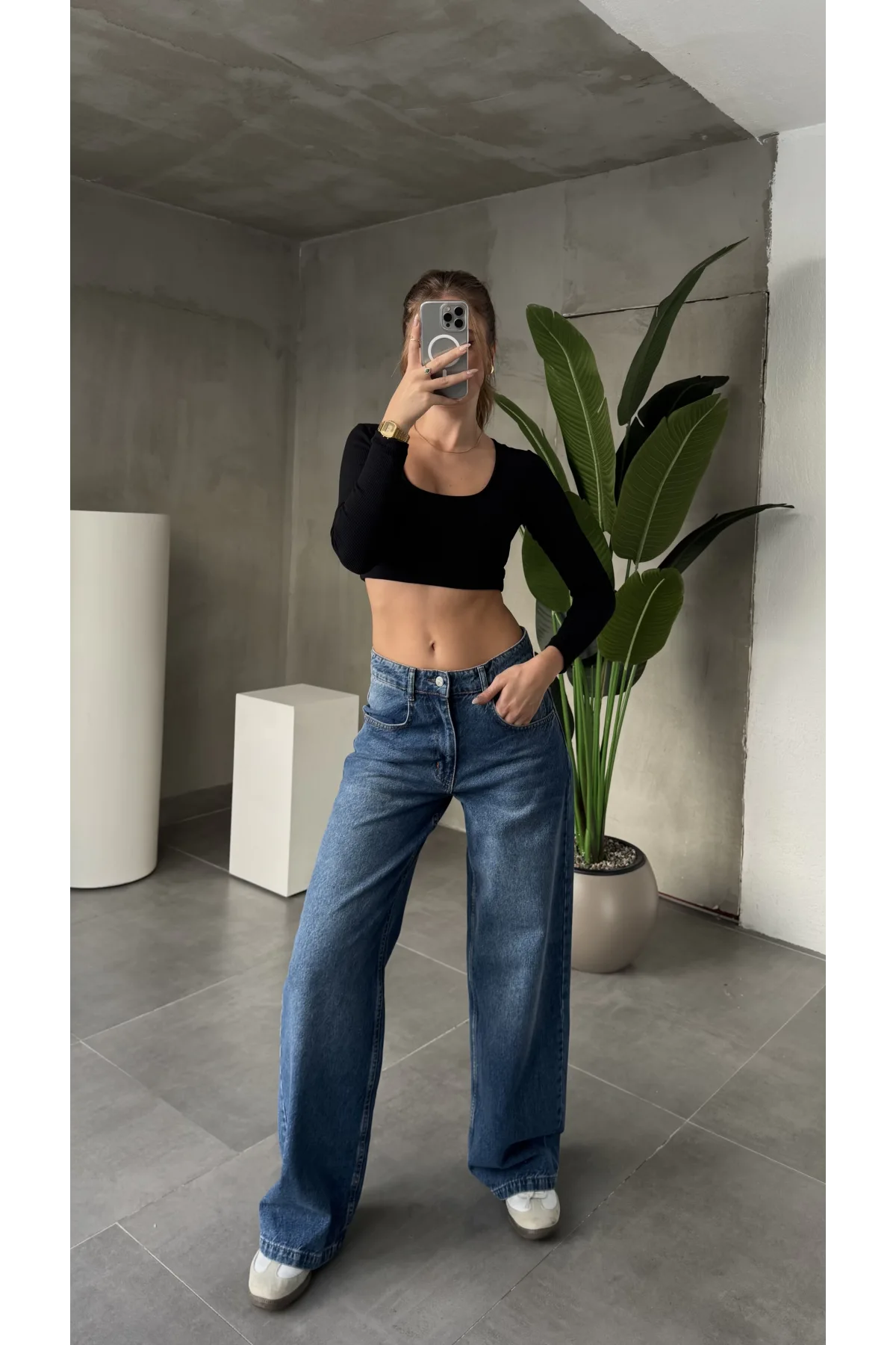 Mavi Yıkamalı Süper Baggy Ektra Geniş Paça Yüksek Bel Jean Kot Pantolon