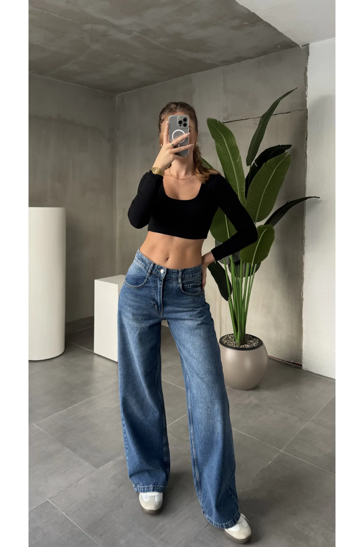 Mavi Yıkamalı Süper Baggy Ektra Geniş Paça Yüksek Bel Jean Kot Pantolon