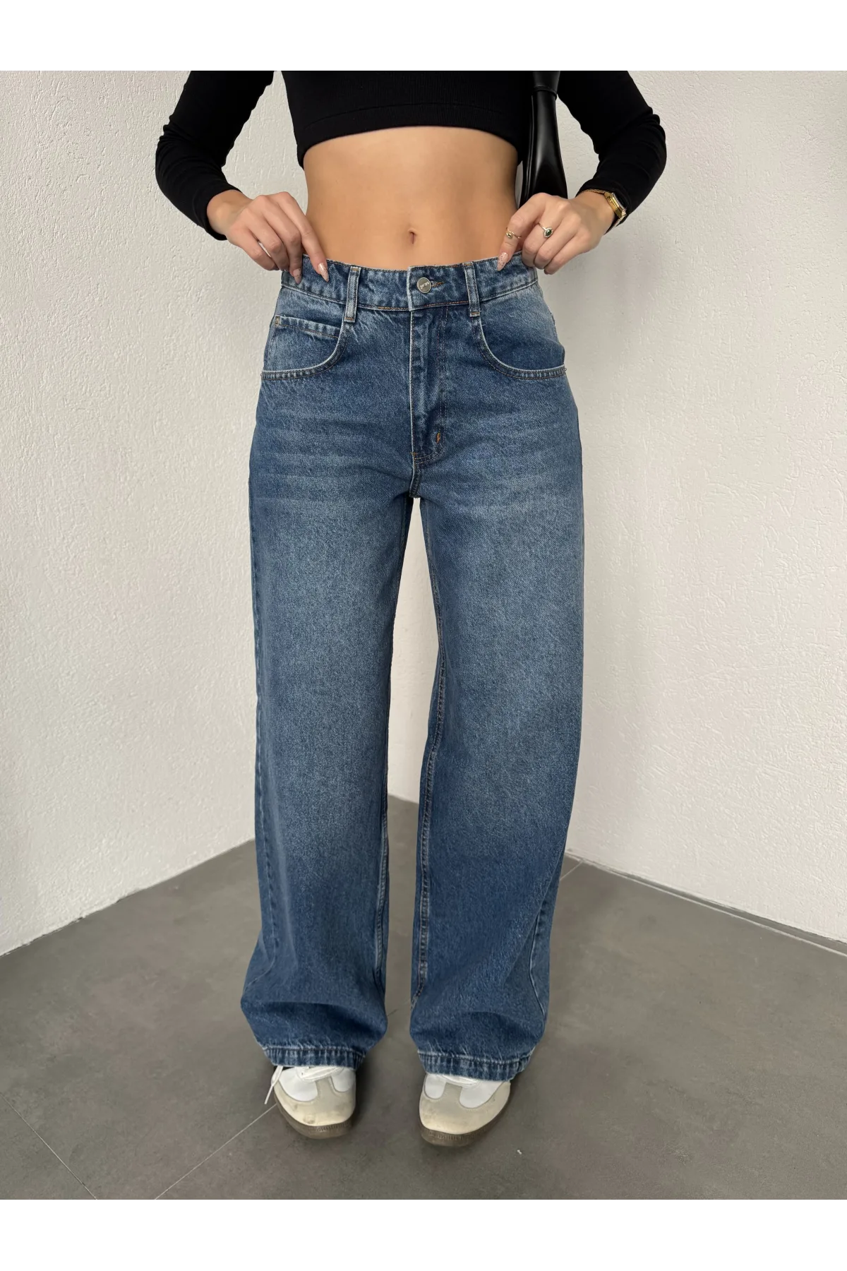 Mavi Yıkamalı Süper Baggy Ektra Geniş Paça Yüksek Bel Jean Kot Pantolon