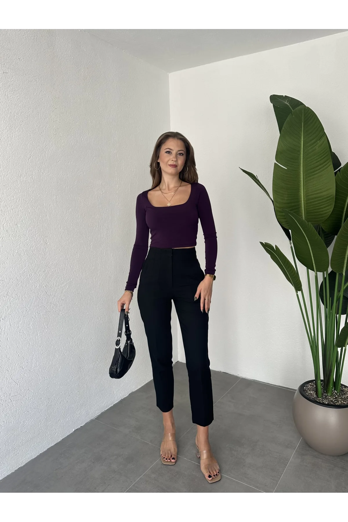Mor Kare Yaka Parmak Geçirmeli Uzun Kol Candy Body Bluz