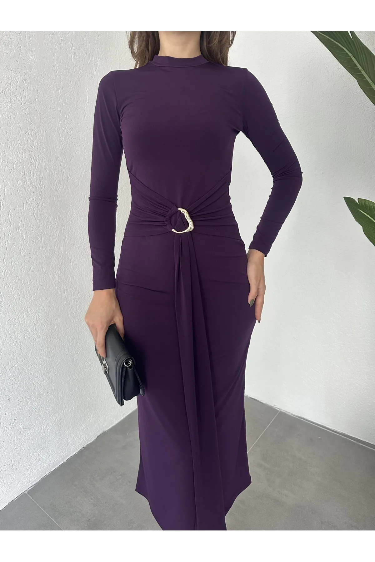 Mor Zr Model Bisiklet Yaka Aksesuarlı Kuşaklı Midi Boy Candy Elbise