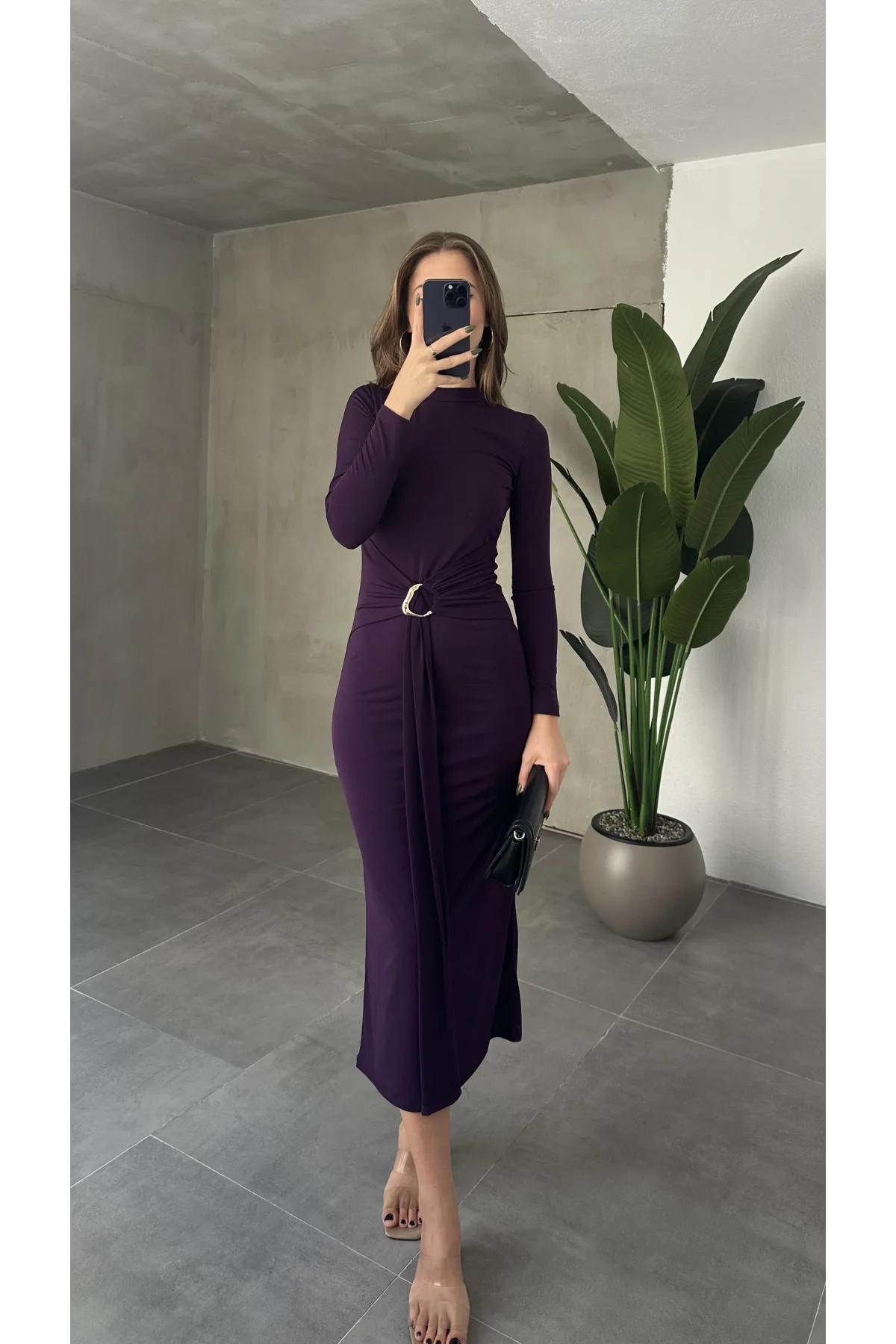 Mor Zr Model Bisiklet Yaka Aksesuarlı Kuşaklı Midi Boy Candy Elbise