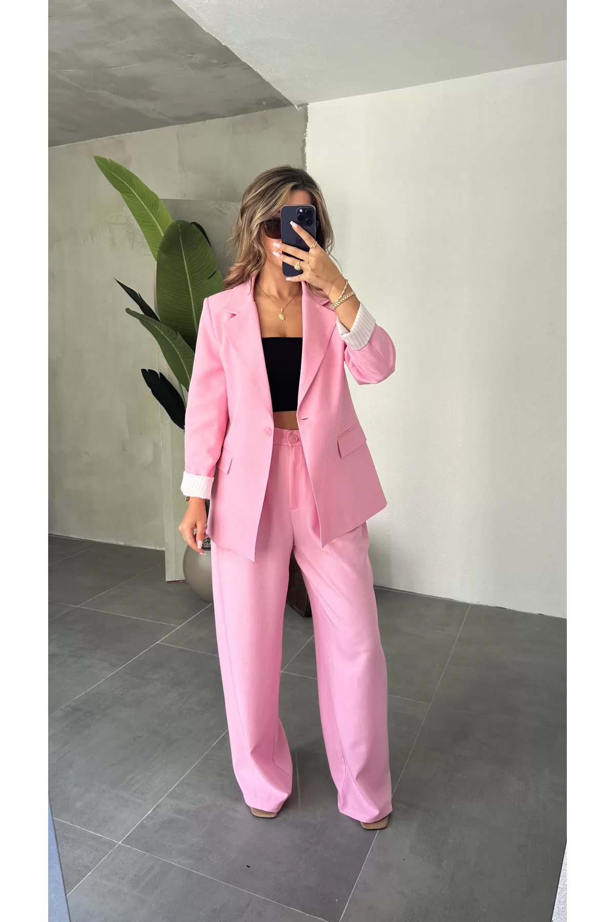 Pembe Astarlı Yazlık Ceket-Keten Palazzo Pantolon İkili Takım