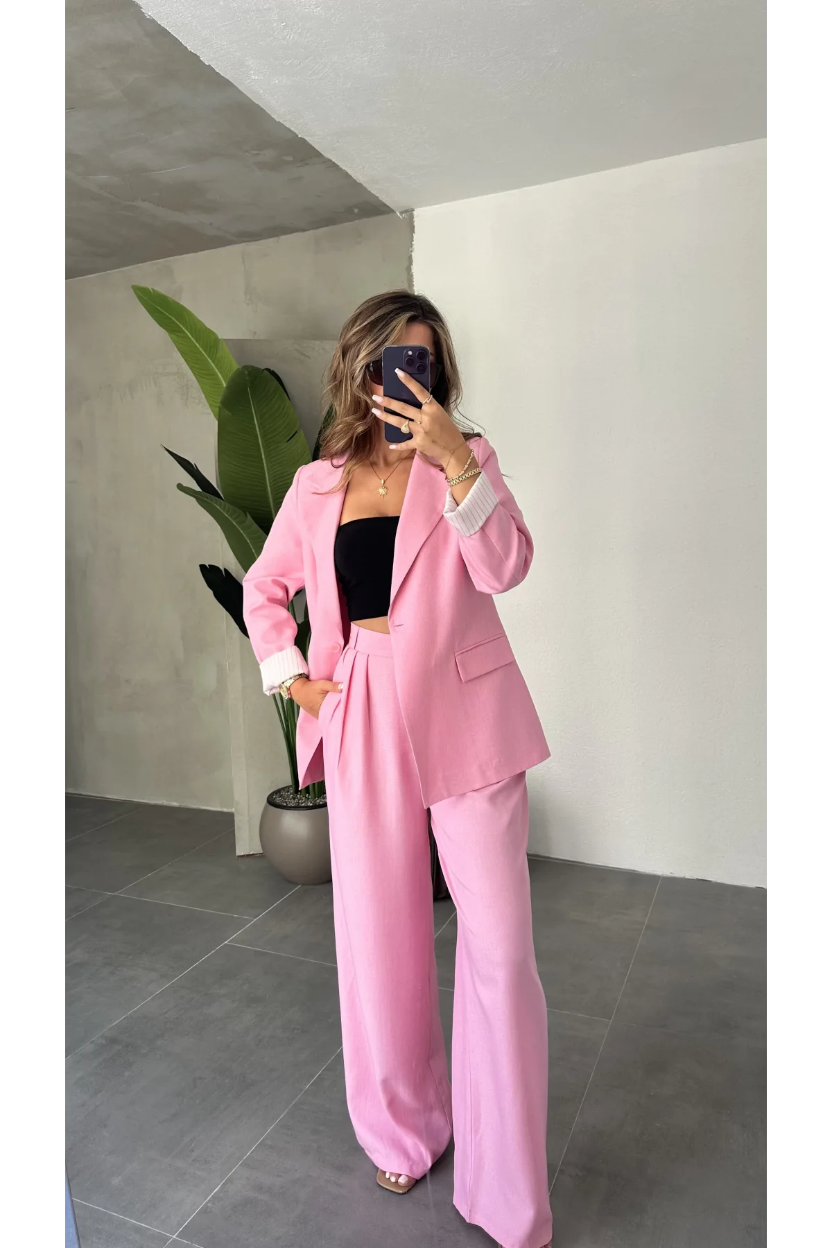 Pembe Astarlı Yazlık Ceket-Keten Palazzo Pantolon İkili Takım
