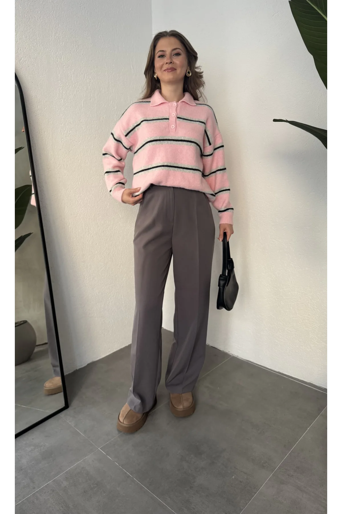 Pembe Çizgili Polo Yaka Çizgili Oversize Trend Kazak