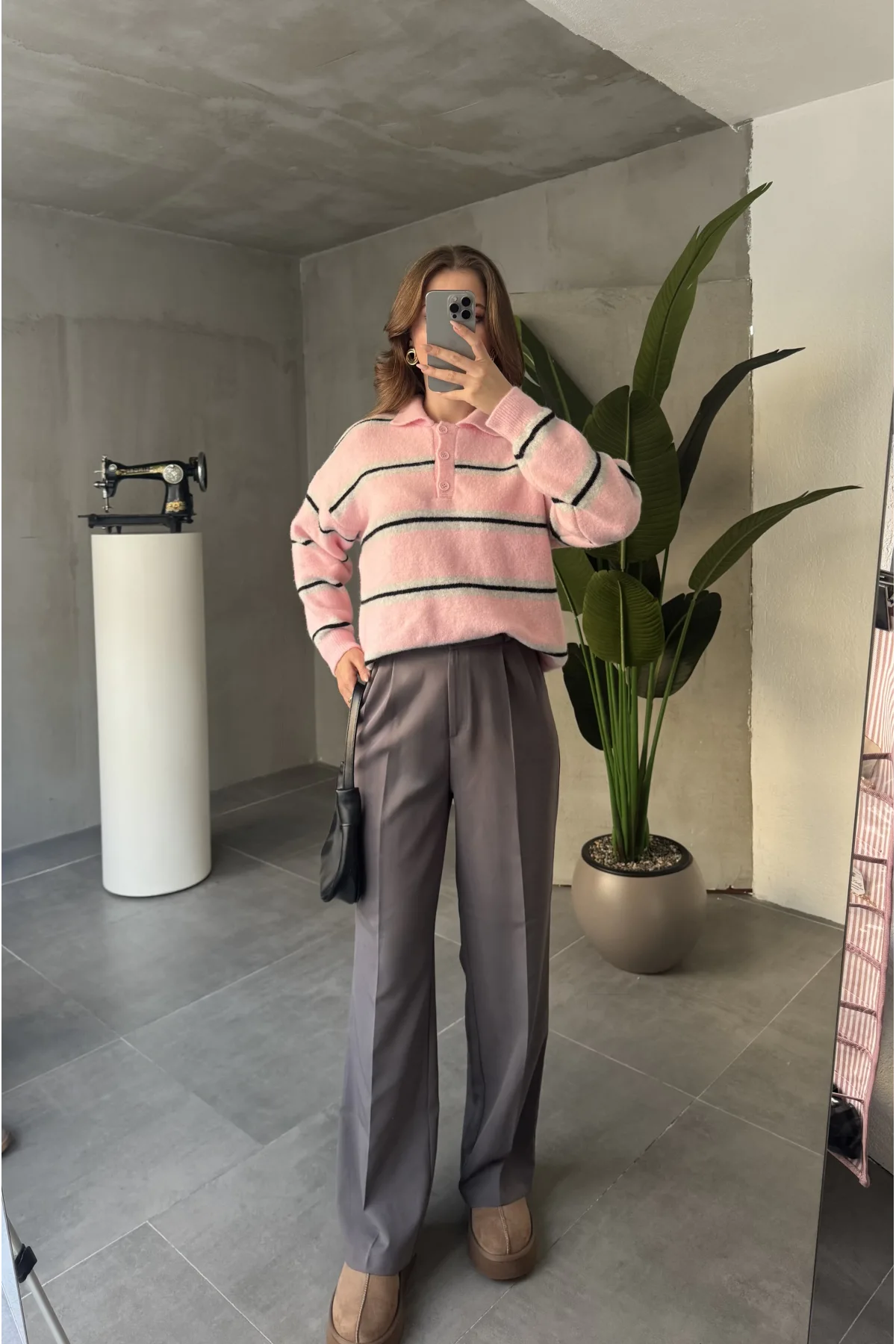 Pembe Çizgili Polo Yaka Çizgili Oversize Trend Kazak