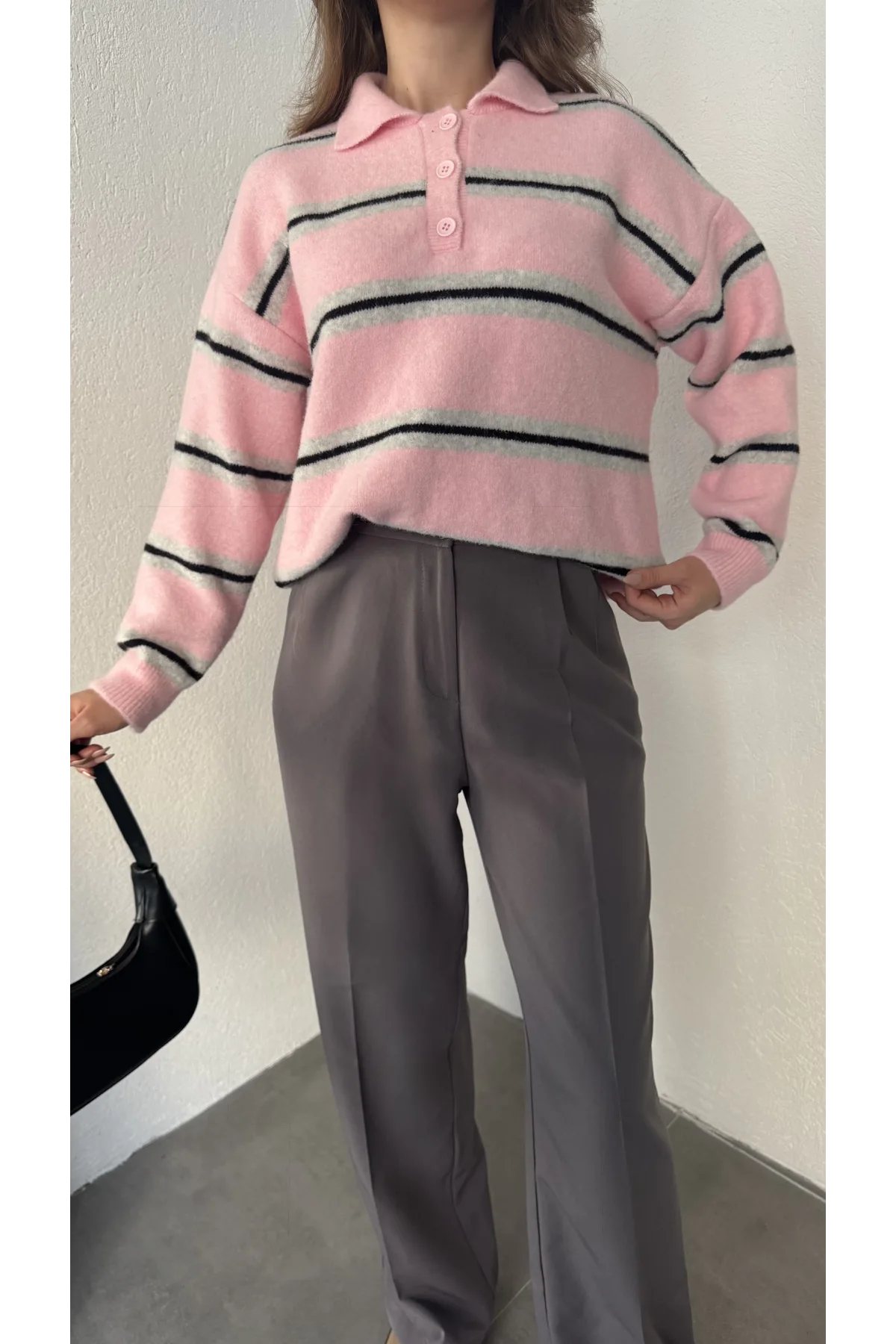 Pembe Çizgili Polo Yaka Çizgili Oversize Trend Kazak