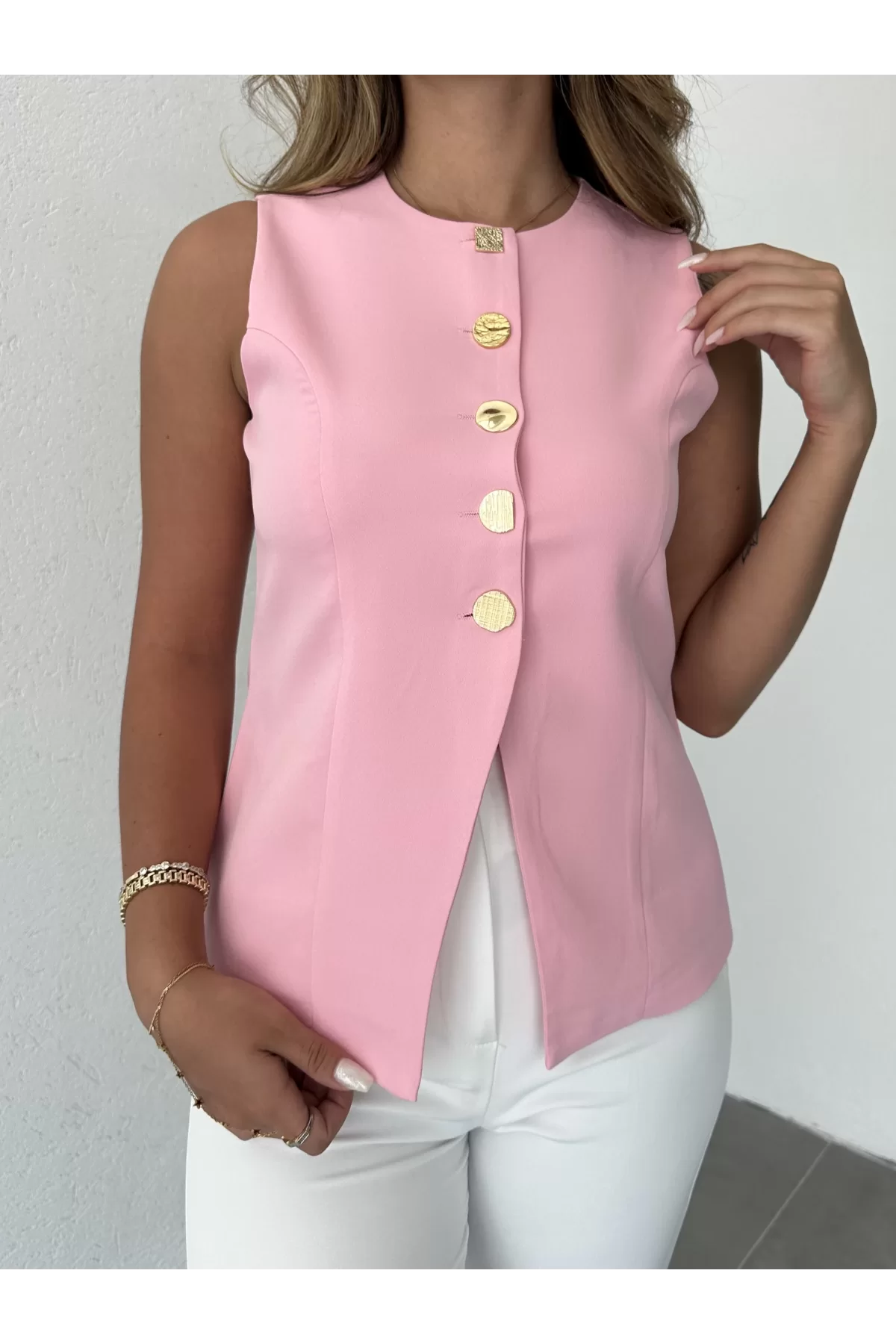 Pembe Gold Düğmeli Astarlı Regular Yelek