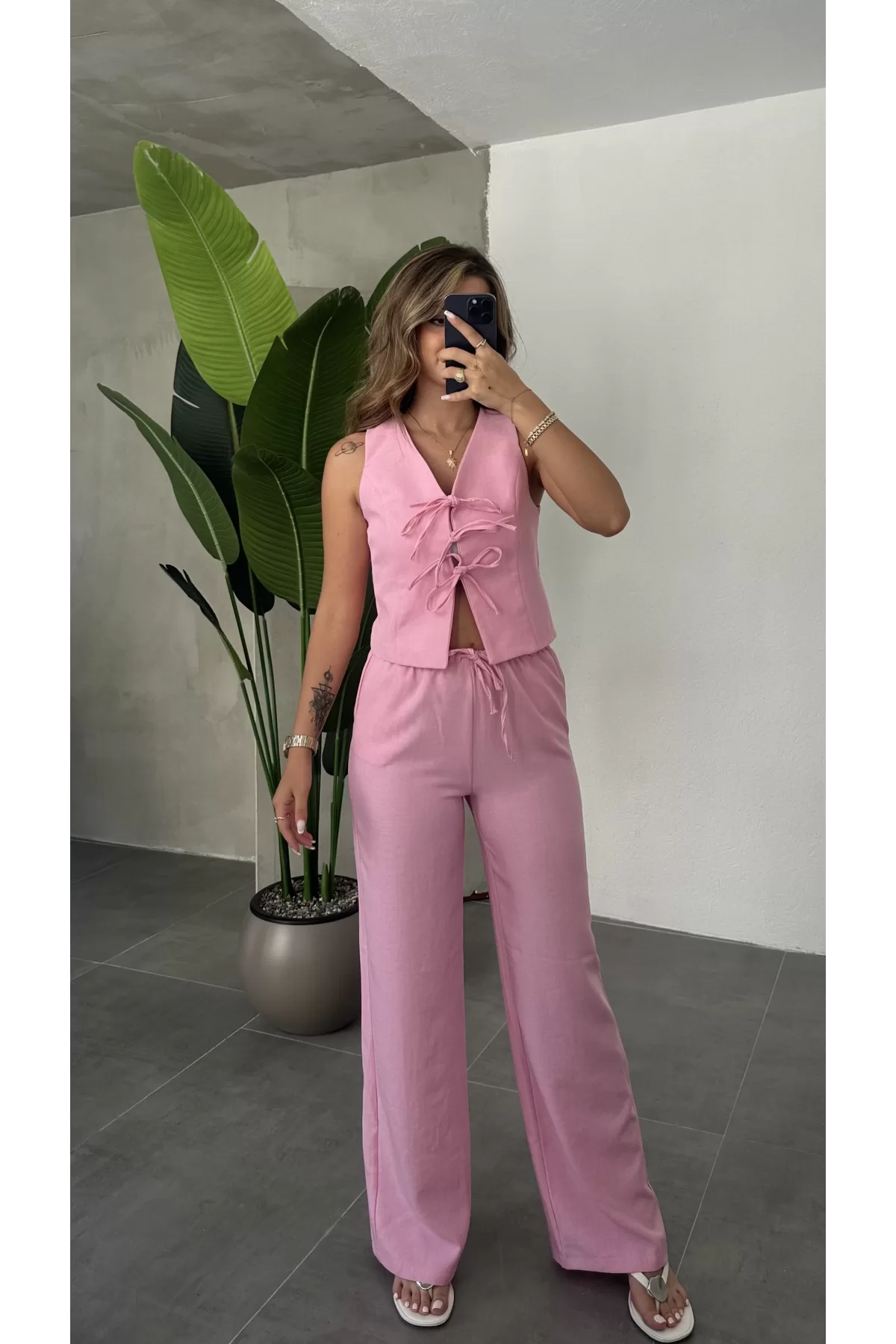 Pembe Keten Önü Bağlamalı Yelek-Beli Lastikli Palazzo Pantolon