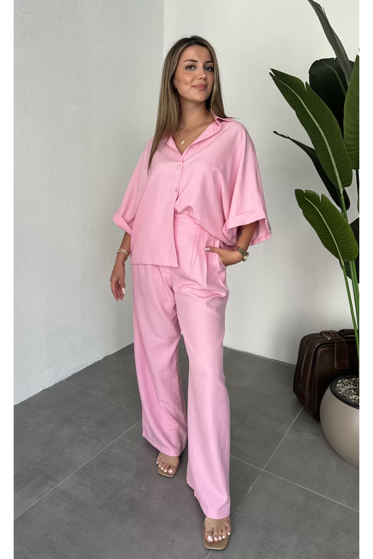 Pembe Keten Oversize Yarasa Kol Gömlek-Palazzo Pantolon İkili Takım