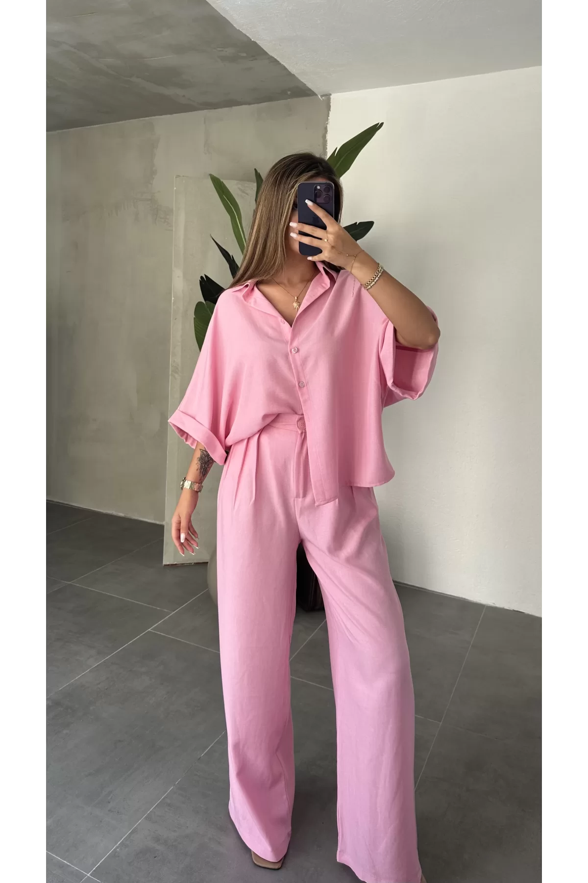 Pembe Keten Oversize Yarasa Kol Gömlek-Palazzo Pantolon İkili Takım