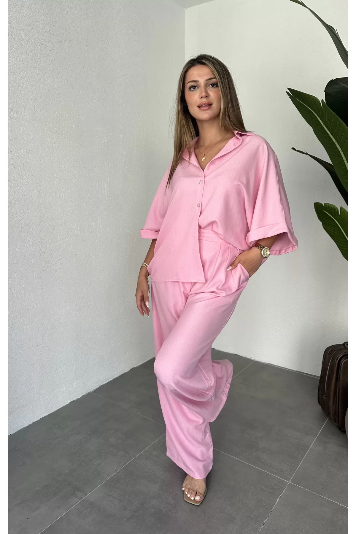 Pembe Keten Oversize Yarasa Kol Gömlek-Palazzo Pantolon İkili Takım