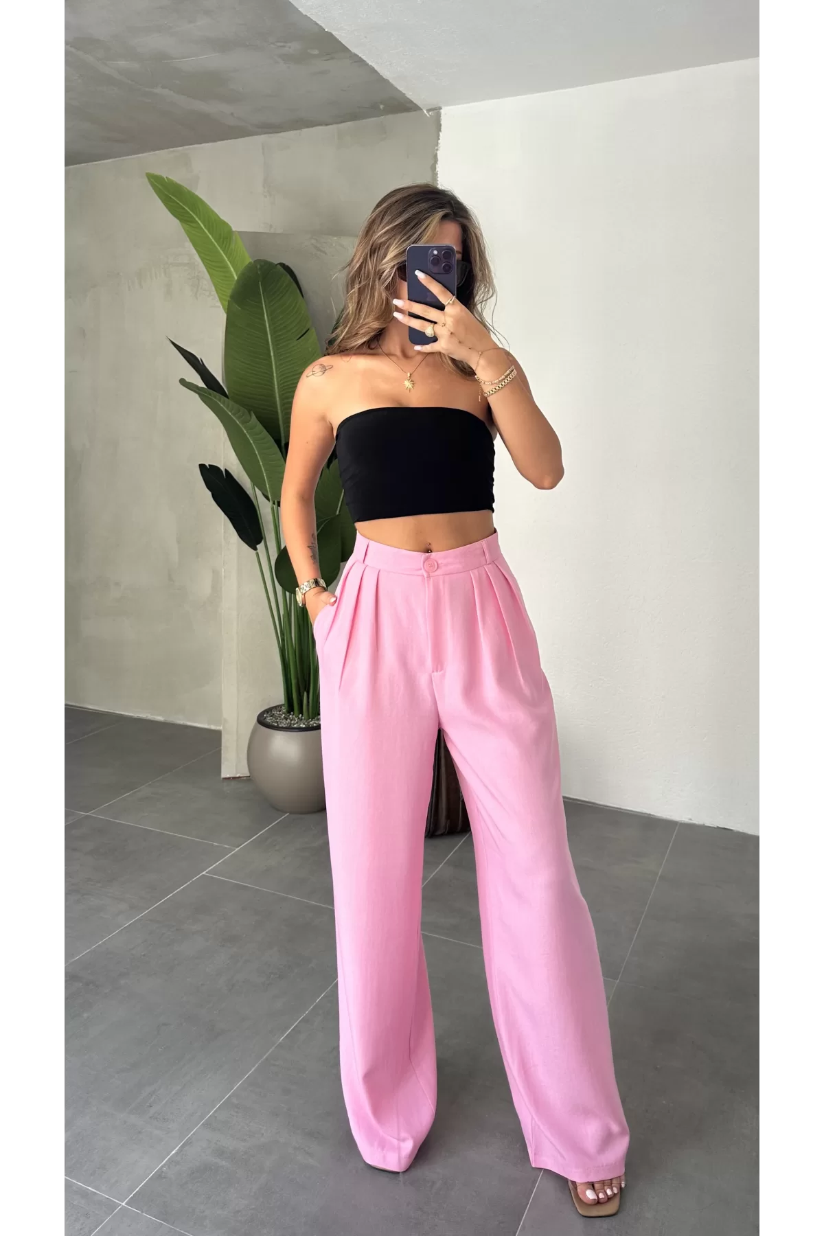 Pembe Keten Yüksek Bel Geniş Paça Palazzo Pantolon