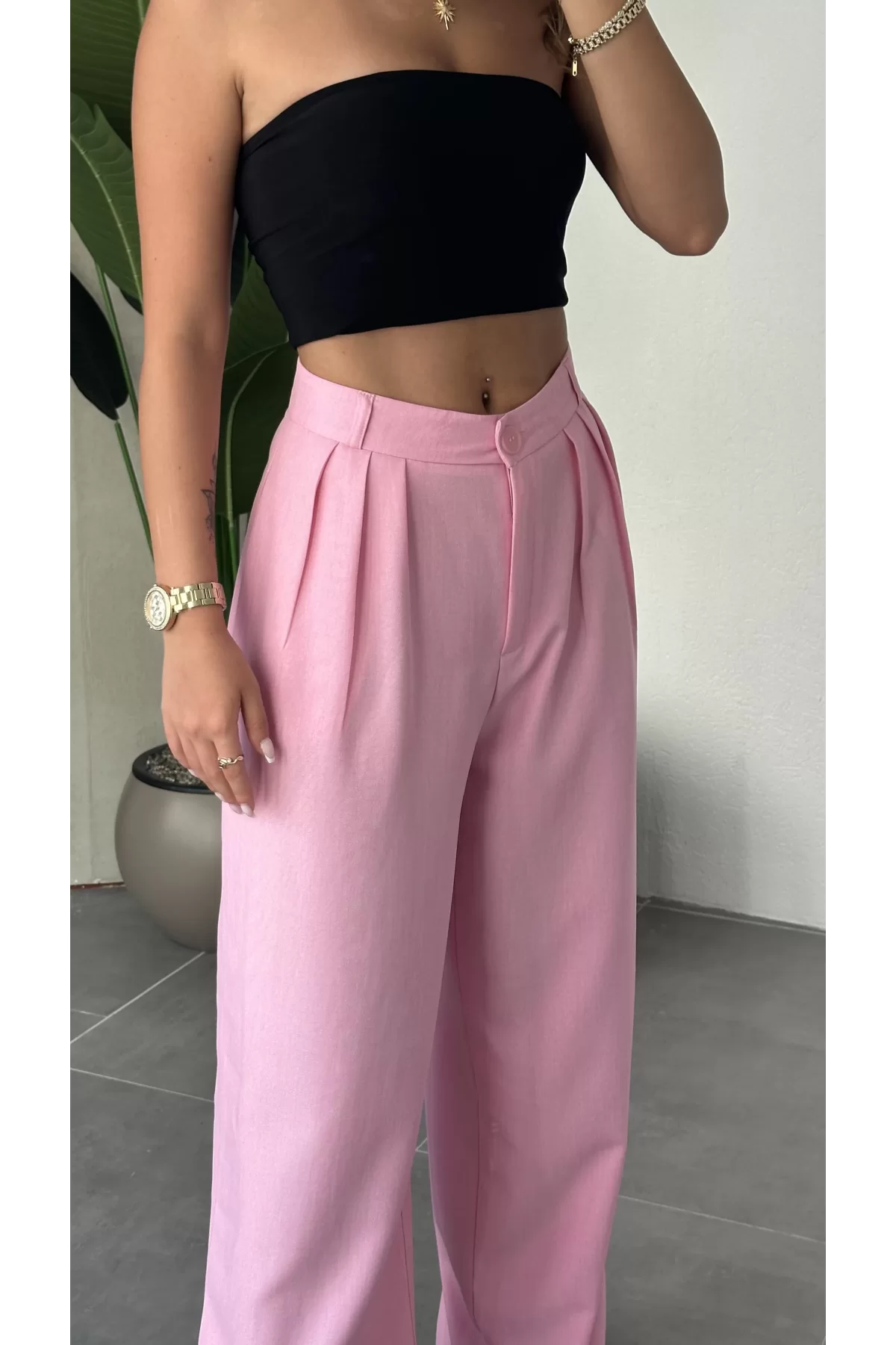 Pembe Keten Yüksek Bel Geniş Paça Palazzo Pantolon