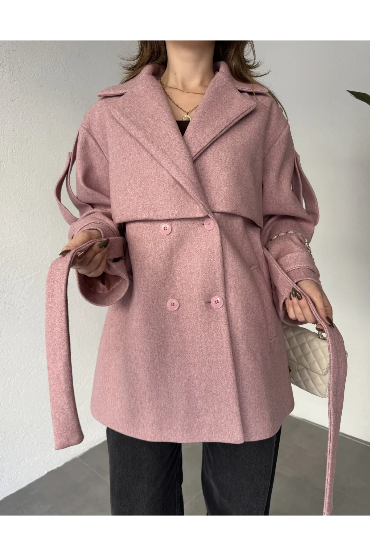 Pembe Kruvaze Oversize Astarlı Cepli Kuşaklı Kaşe Mont Kaban