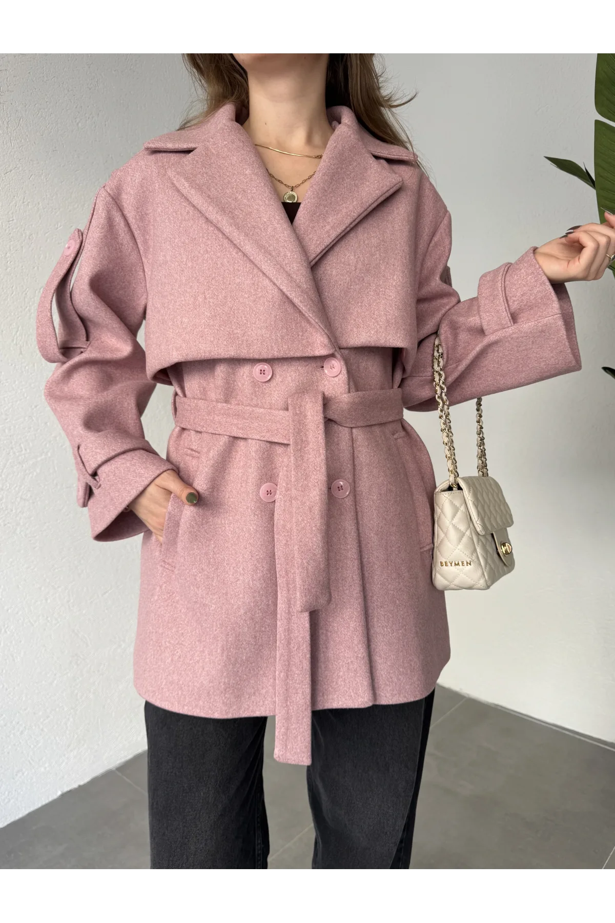 Pembe Kruvaze Oversize Astarlı Cepli Kuşaklı Kaşe Mont Kaban