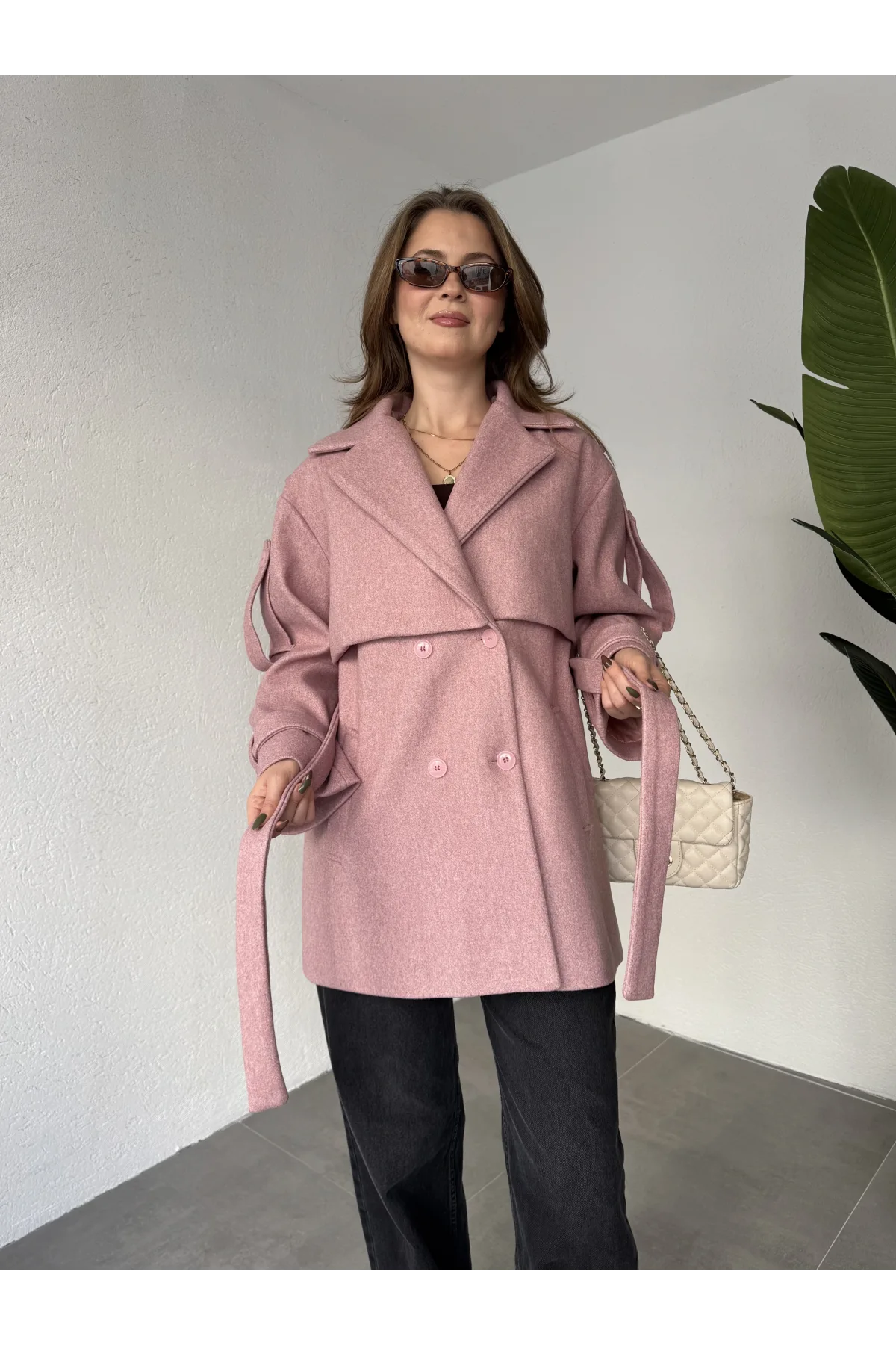 Pembe Kruvaze Oversize Astarlı Cepli Kuşaklı Kaşe Mont Kaban