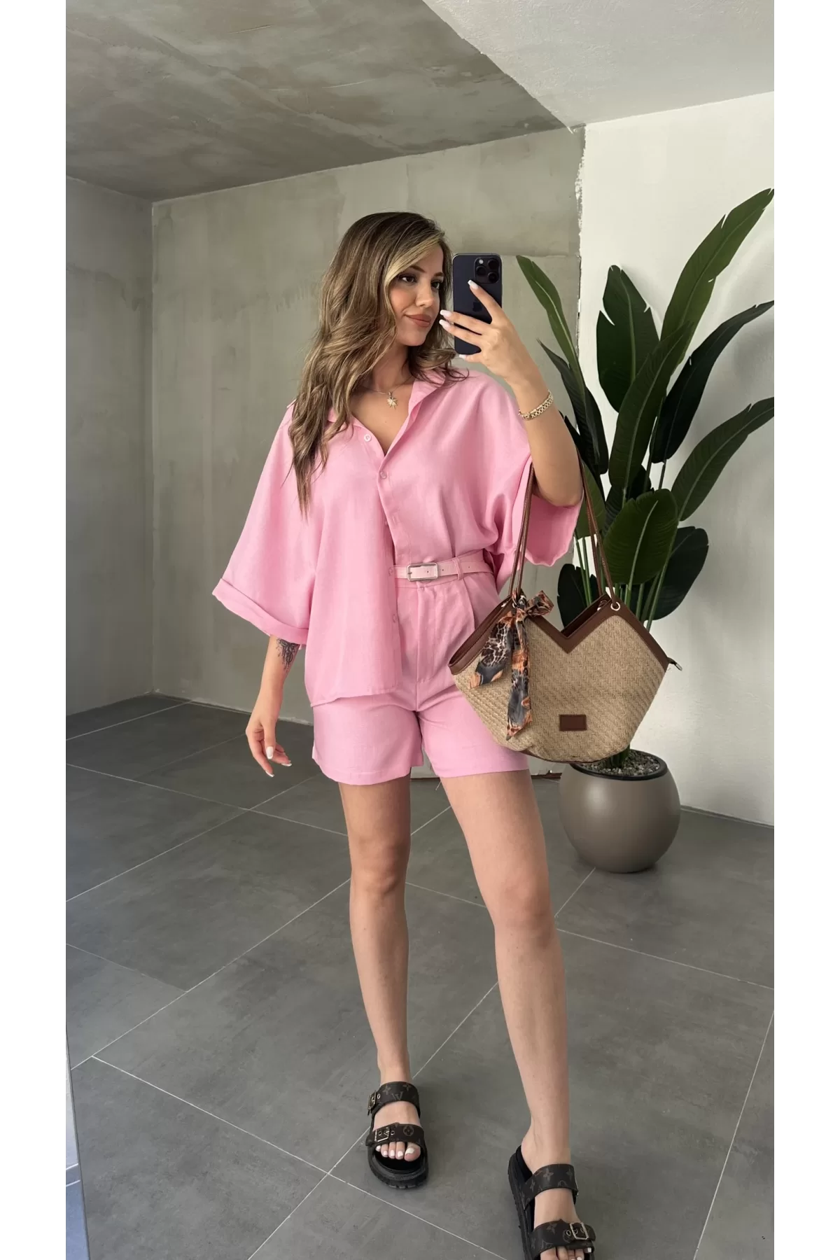 Pembe Oversize Keten Şort & Gömlek İkili Takım