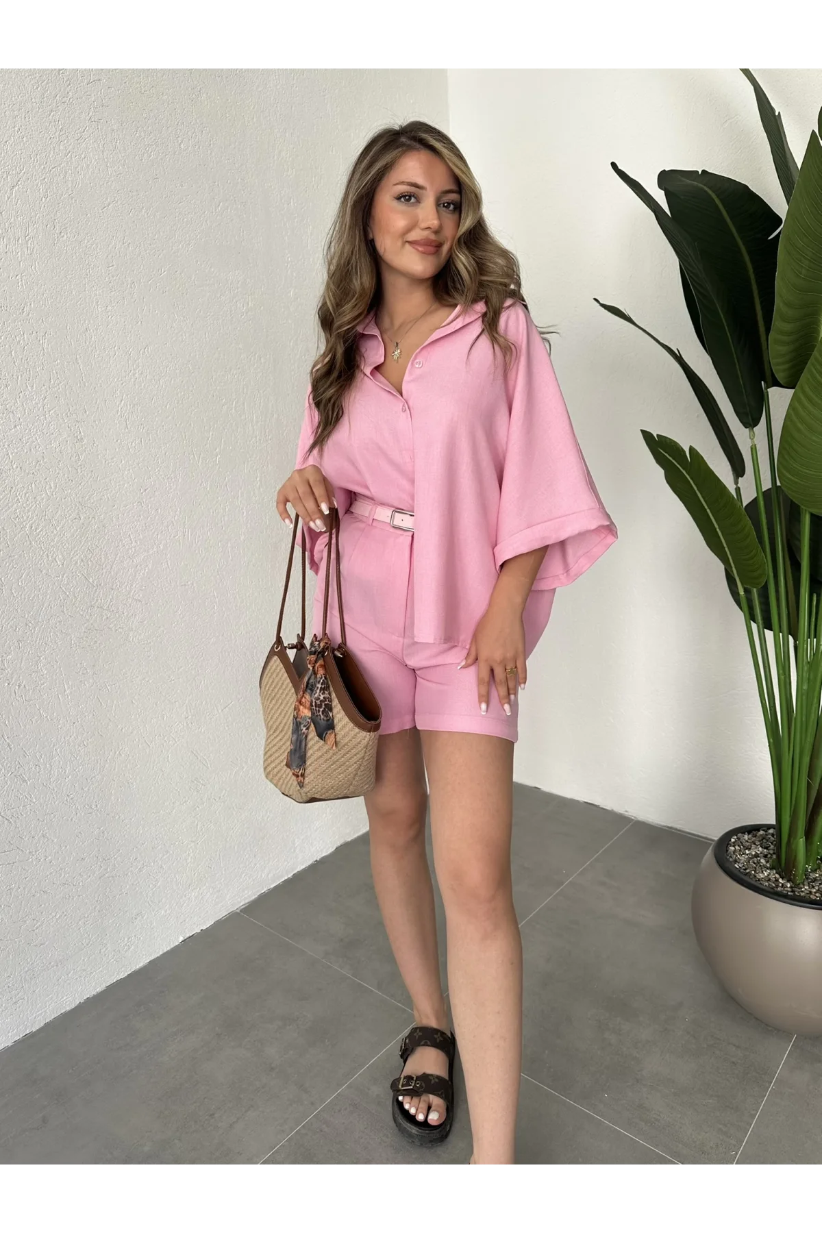 Pembe Oversize Keten Şort & Gömlek İkili Takım