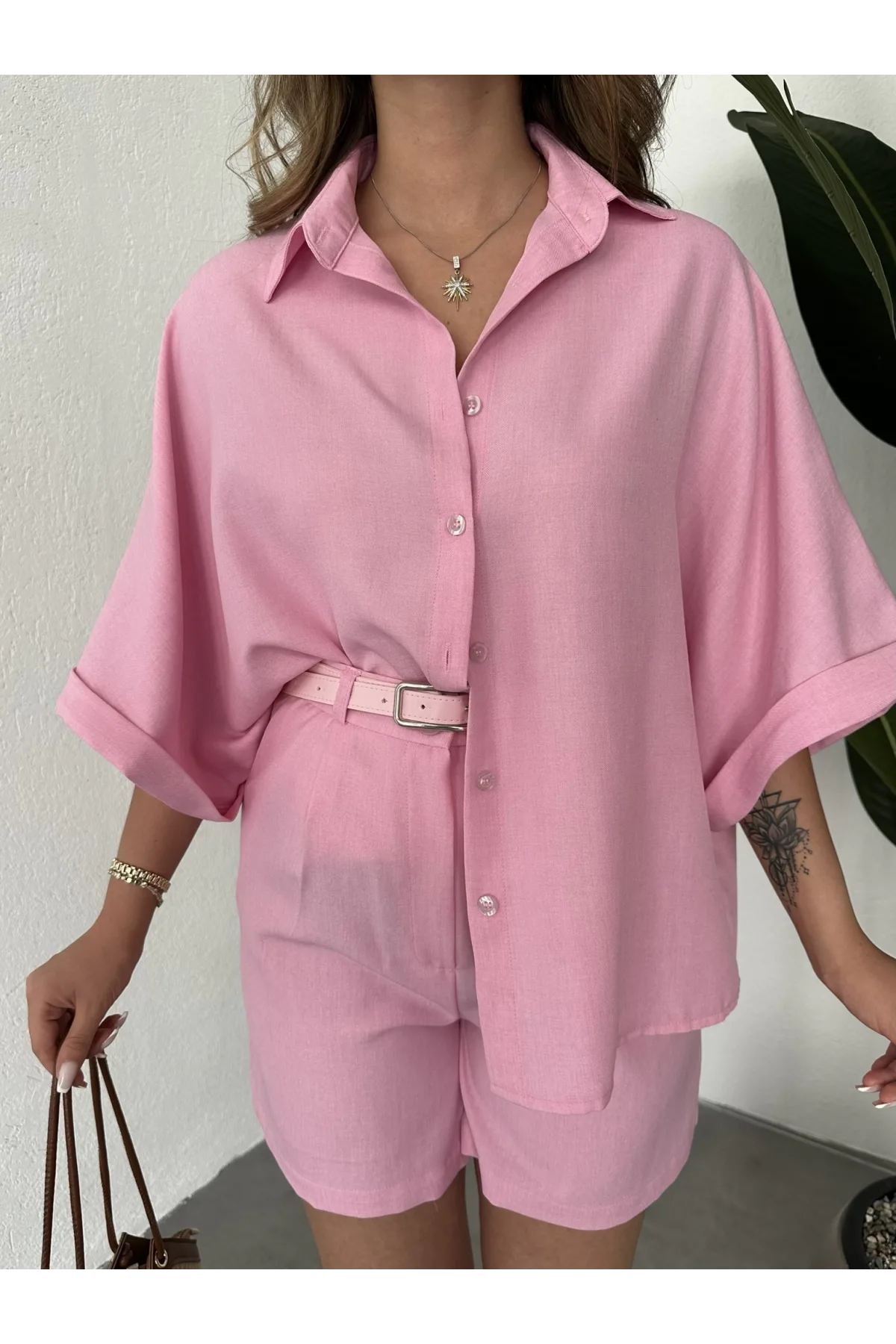 Pembe Oversize Keten Şort & Gömlek İkili Takım