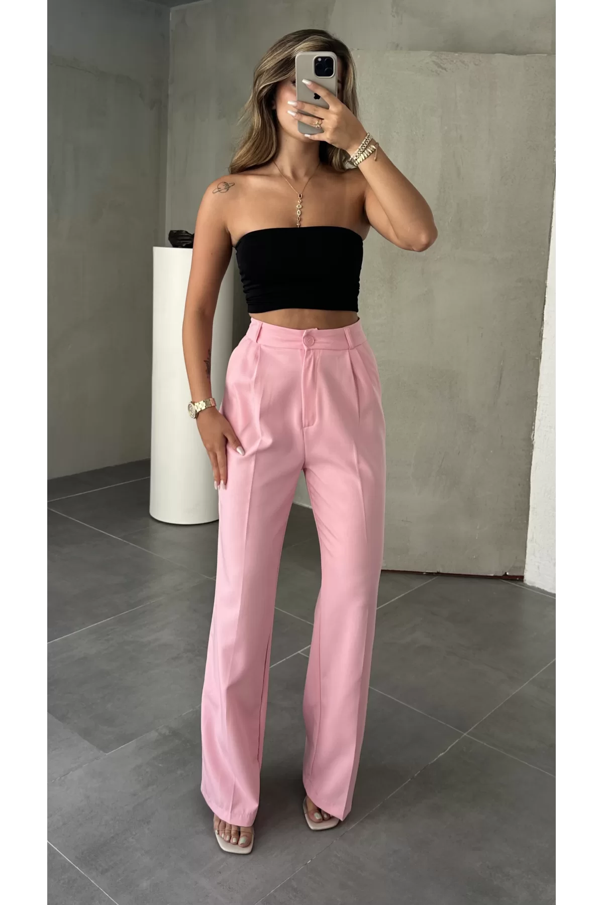 Pembe Tam Kalıp Bel Oturtmalı Geniş Paça Palazzo Pantolon