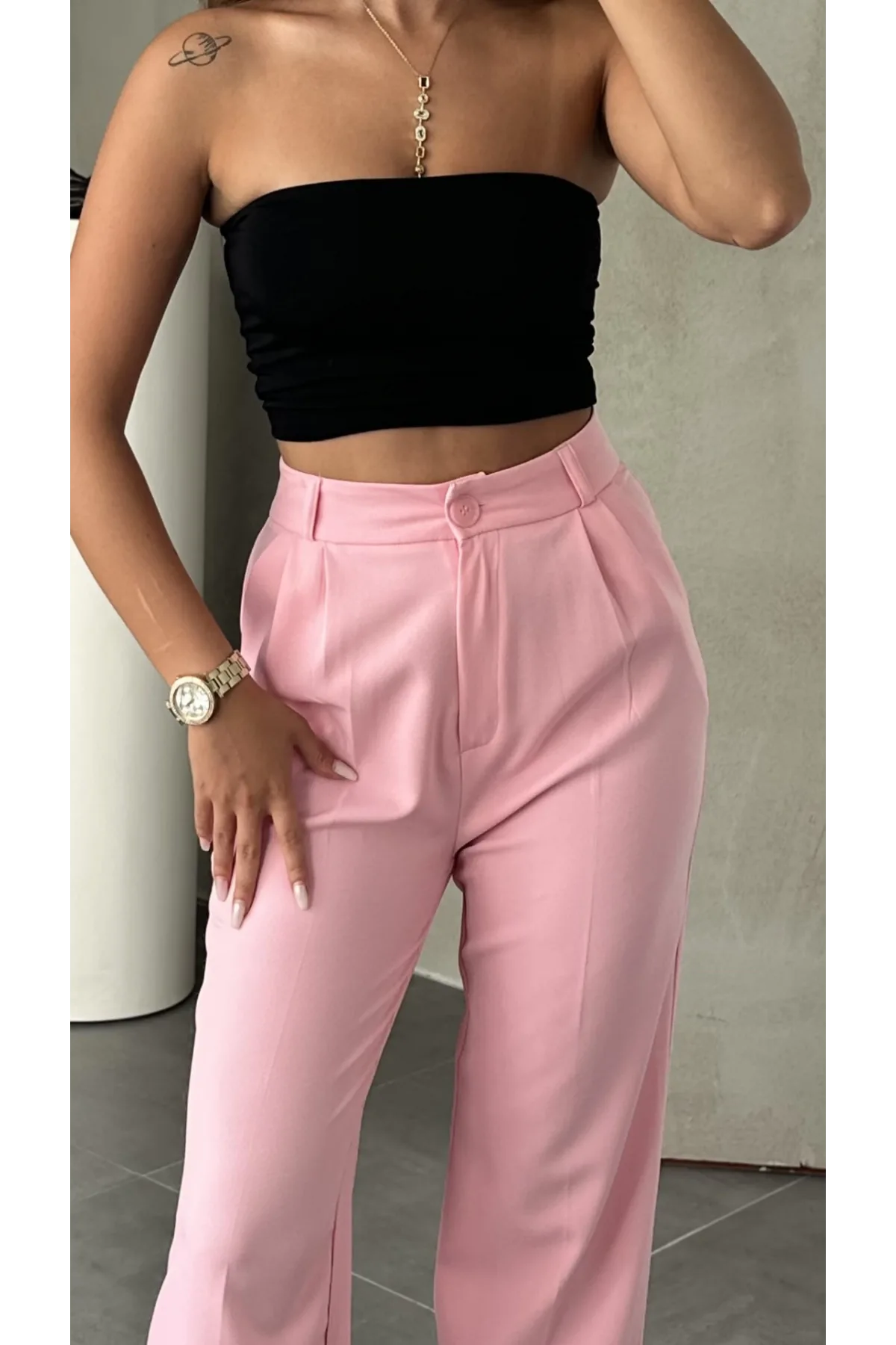 Pembe Tam Kalıp Bel Oturtmalı Geniş Paça Palazzo Pantolon