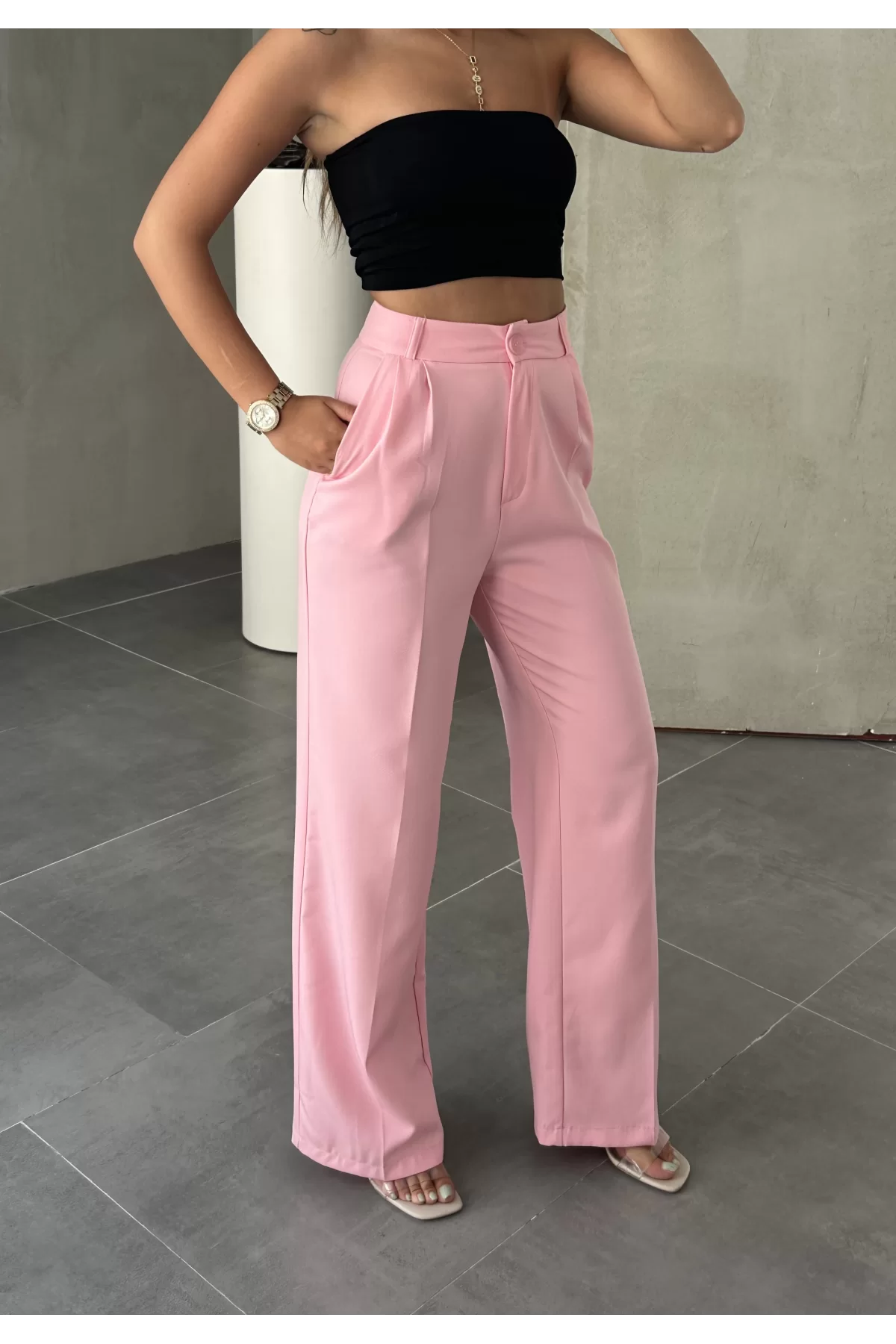 Pembe Tam Kalıp Bel Oturtmalı Geniş Paça Palazzo Pantolon
