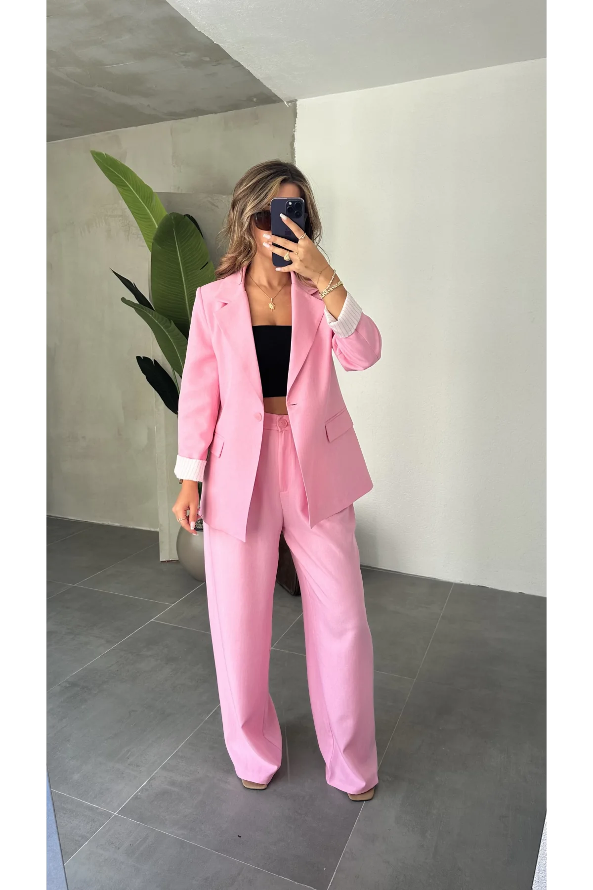 Pembe Tek Düğmeli Salaş Keten Ceket