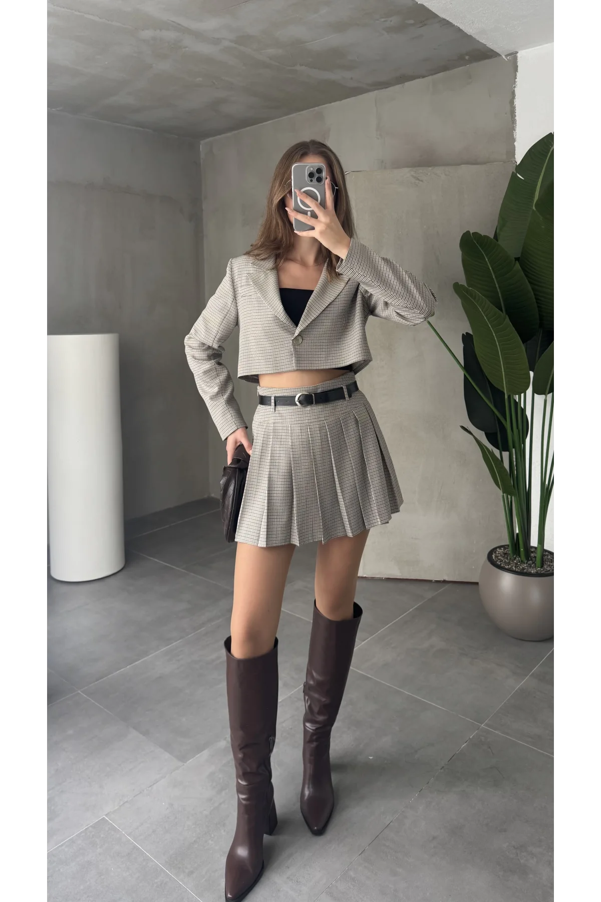 Pötikareli Tek Düğmeli Astarlı Crop Ceket