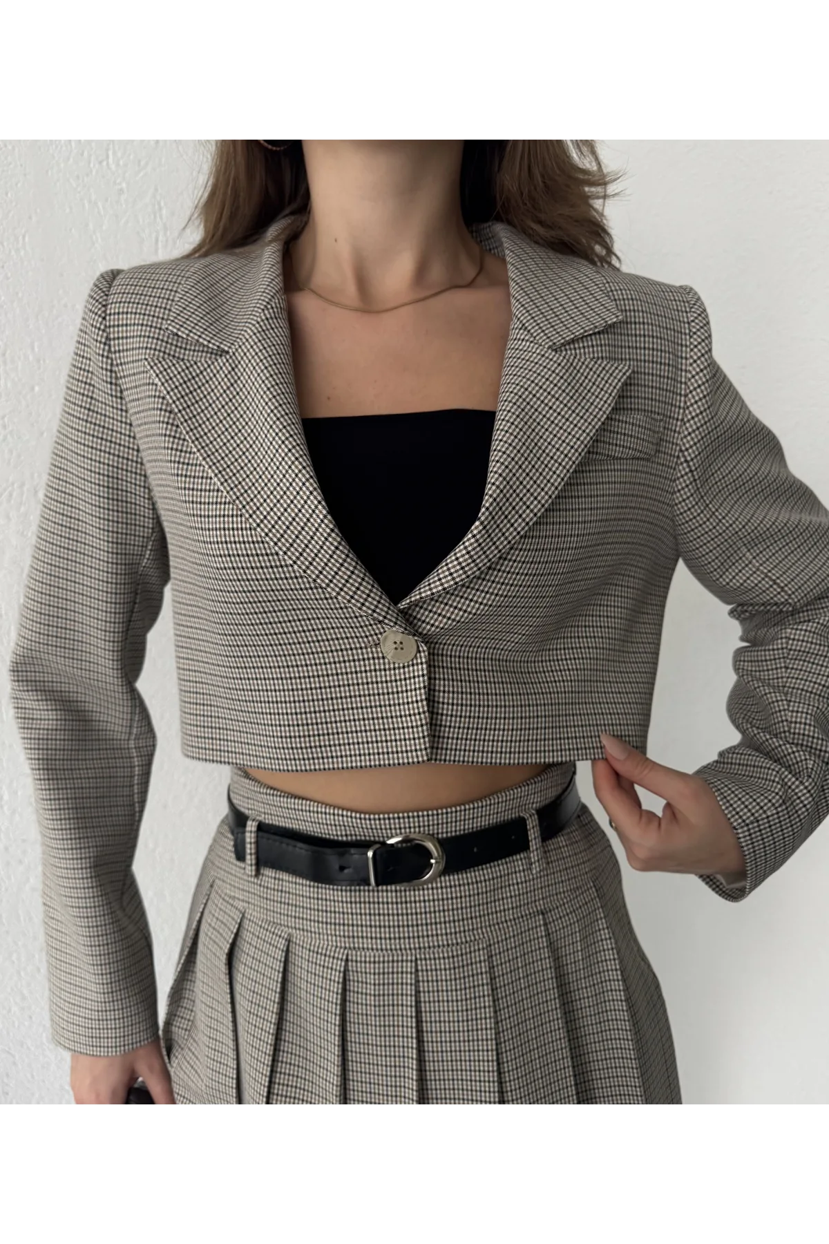 Pötikareli Tek Düğmeli Astarlı Crop Ceket