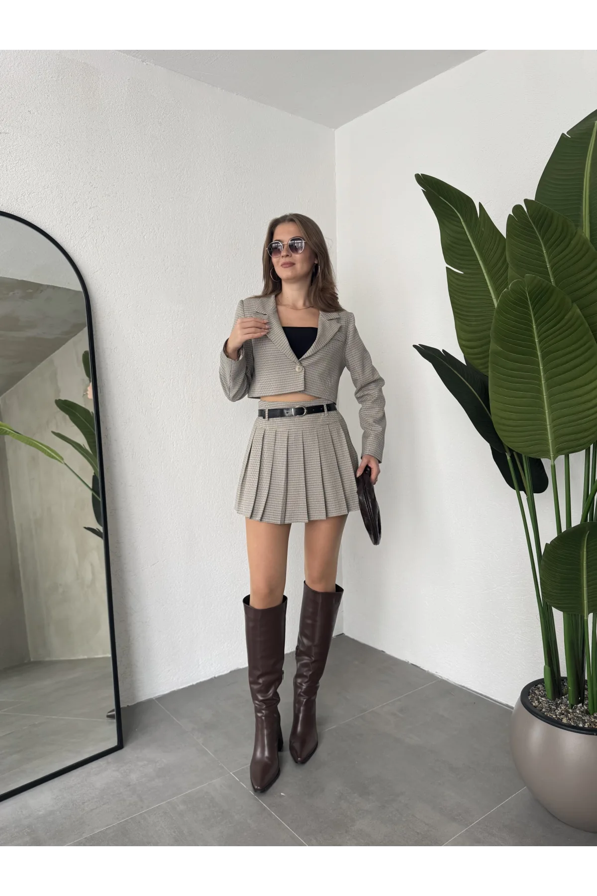 Pötikareli Tek Düğmeli Astarlı Crop Ceket