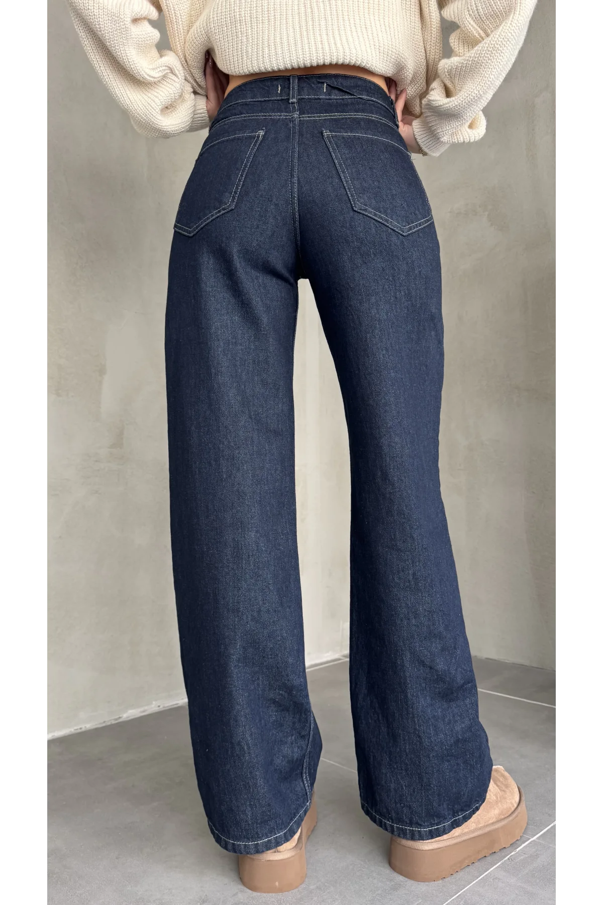 Sade Mavi Rins Yıkamalı Baggy Geniş Paça Yüksek Bel Wide Leg Jean Kot Pantolon