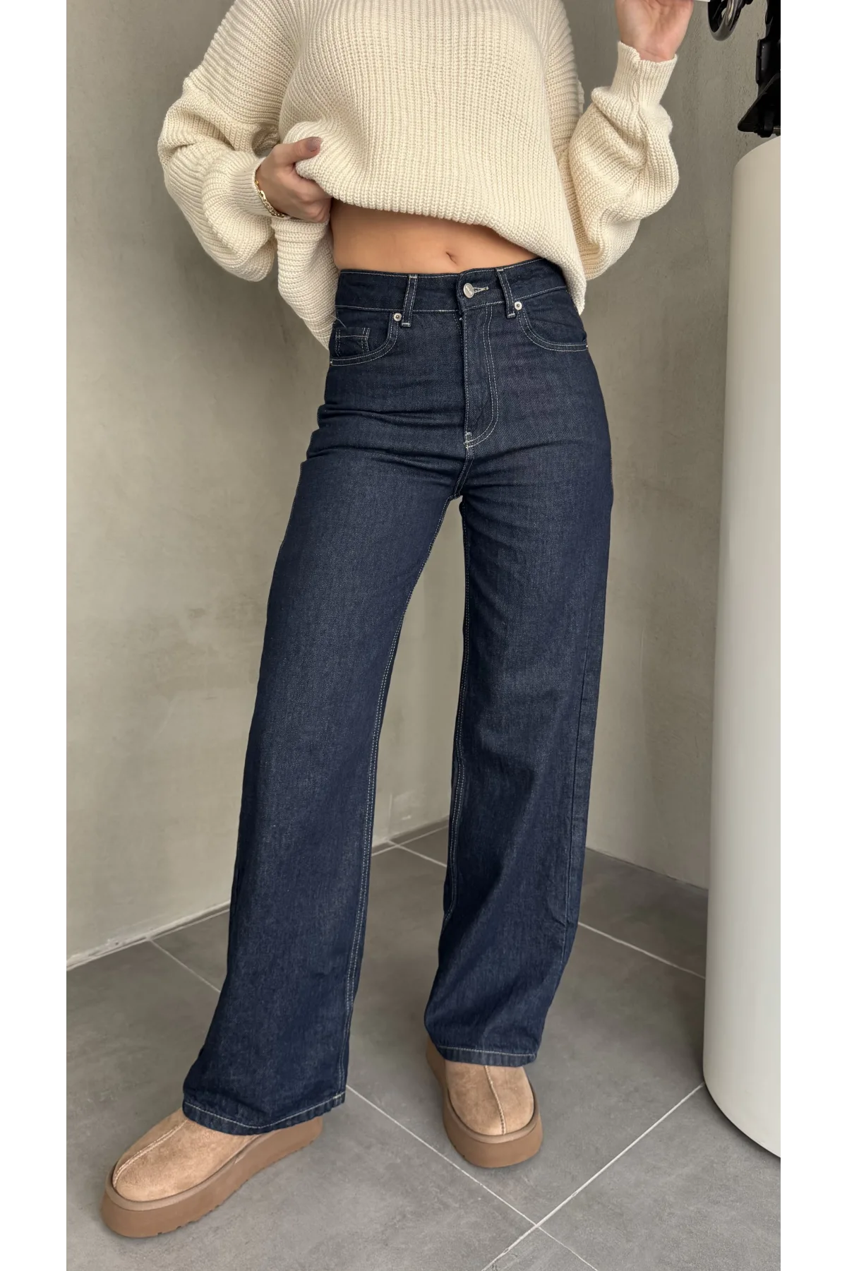 Sade Mavi Rins Yıkamalı Baggy Geniş Paça Yüksek Bel Wide Leg Jean Kot Pantolon