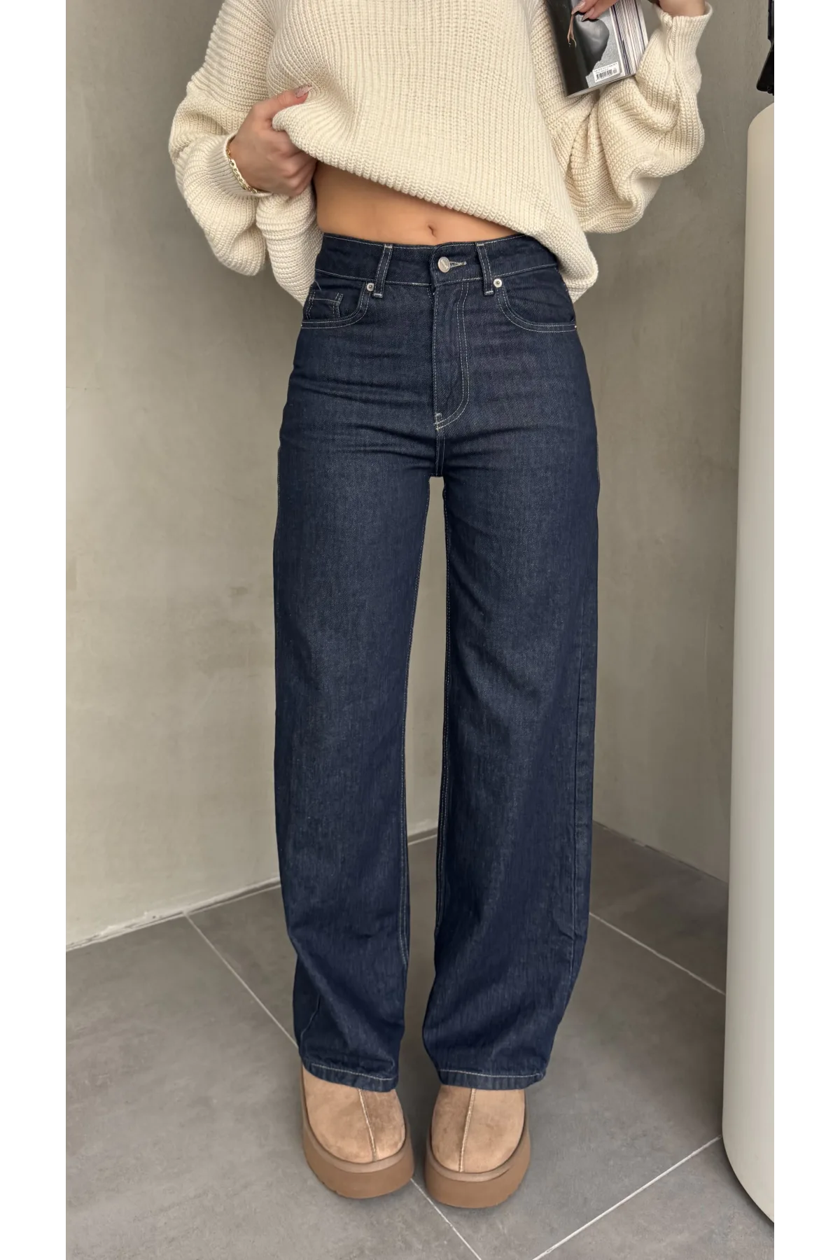 Sade Mavi Rins Yıkamalı Baggy Geniş Paça Yüksek Bel Wide Leg Jean Kot Pantolon